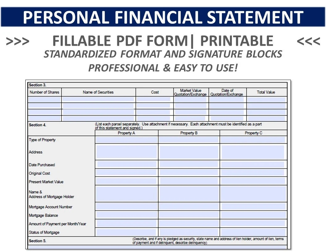 PERSONAL FINANCIAL STATEMENT Pfs Personal Balance Sheet Personal Financials For Loan Application Etsy