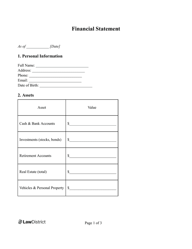 Personal Financial Statement Template PDF Sample LawDistrict