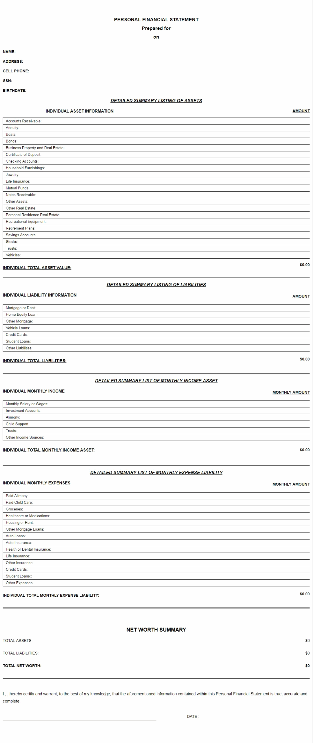 Personal Financial Statement Templates Free Printable Budget PDF