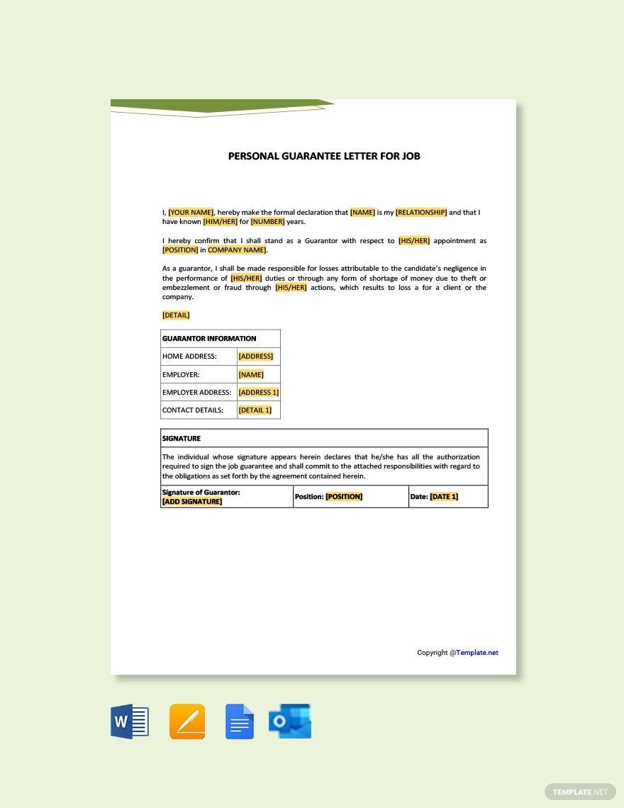 Personal Guarantee Letter For Job In Pages PDF Word Google Docs Download Template Personal Guarantee Letter For Job In Pages PDF Word Google Docs Download Template