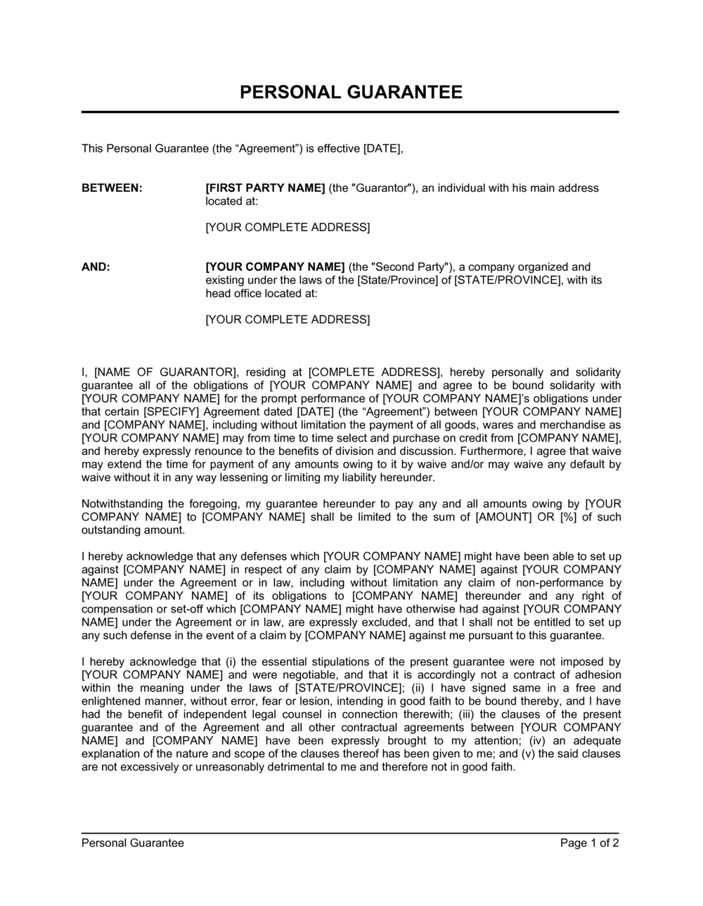 Personal Guarantee Template Personal Guarantee Template