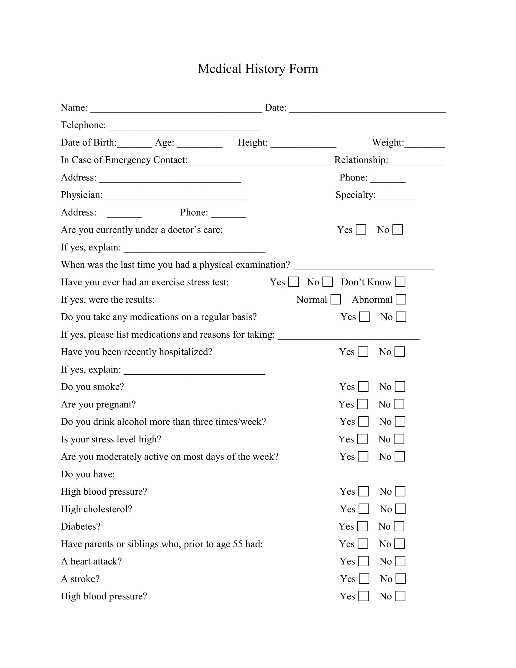 Personal Trainer Medical History Form