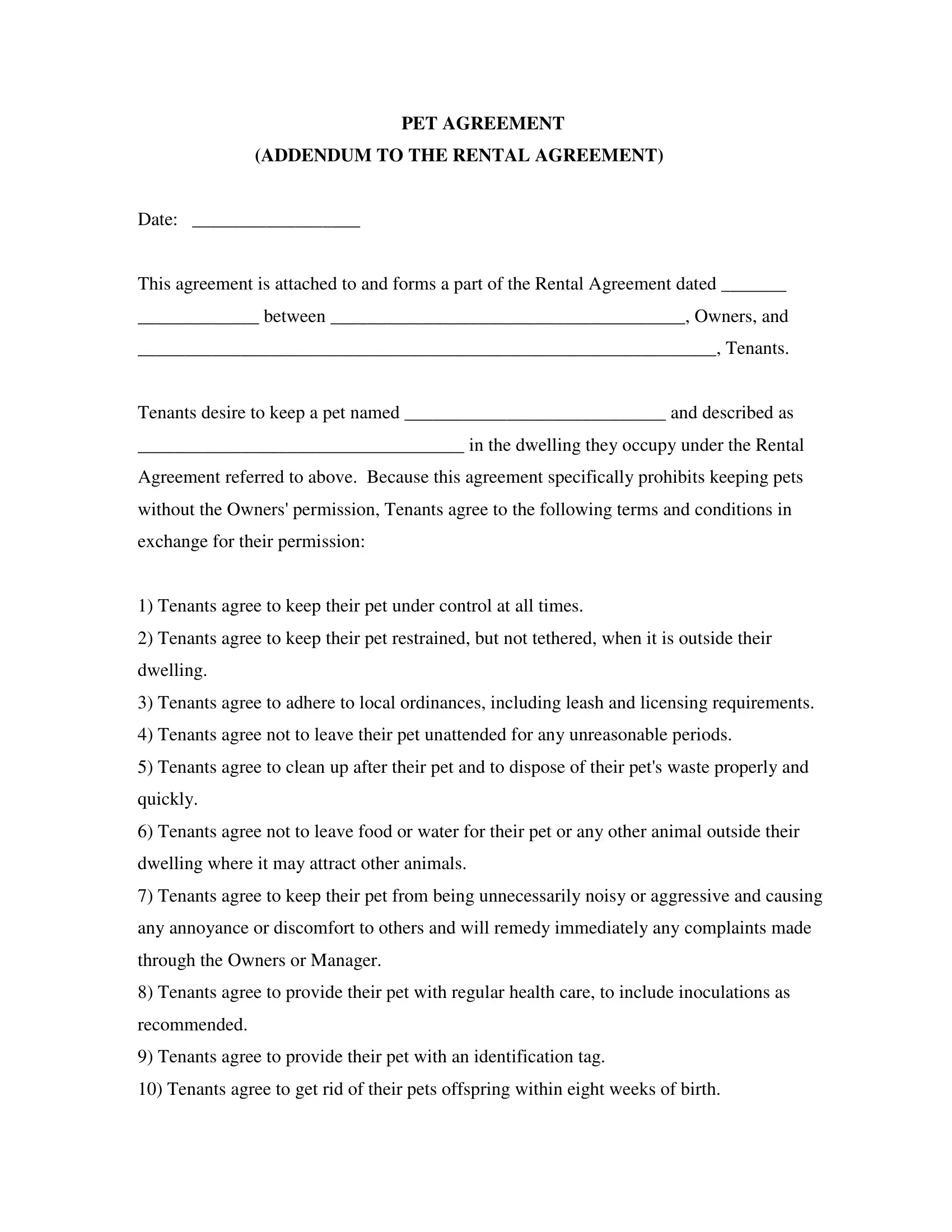 Pet Addendum Form Fill Out Printable PDF Forms Online