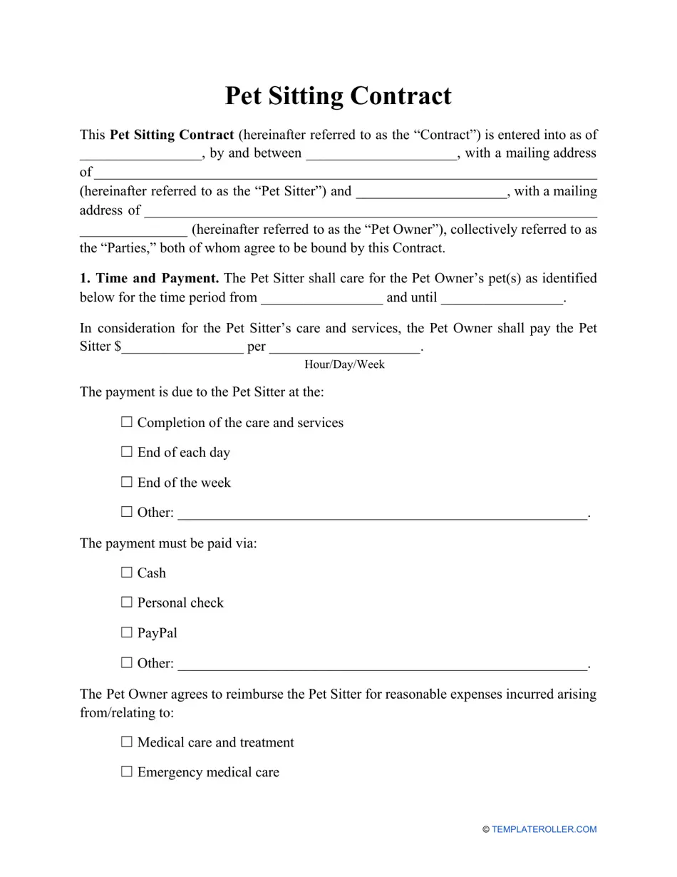 Pet Sitting Contract Template Fill Out Sign Online And Download PDF Templateroller