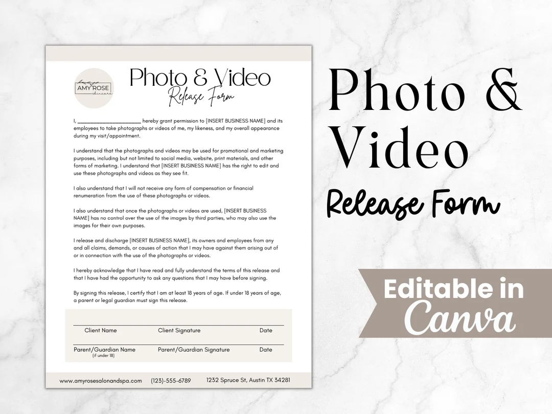 Photo And Video Release Form Photography Consent Form Skincare Forms Esthetician Forms Lash Technician Forms Canva Printable Template Etsy