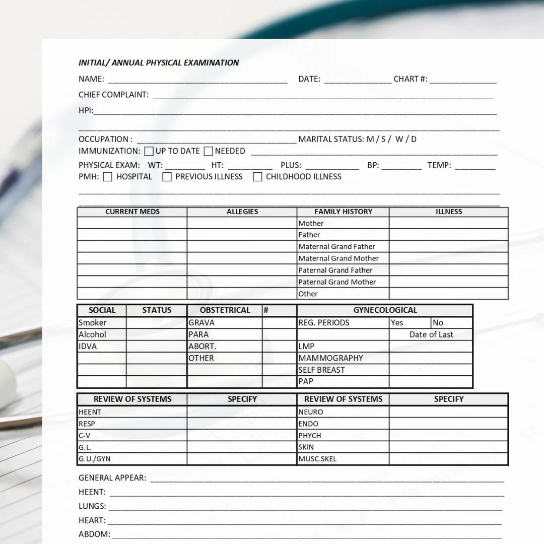 Physical Exam Form Template Initial Annual Physical Examination Printable Editable Instant Download Medical Doctor s Office Excel Etsy