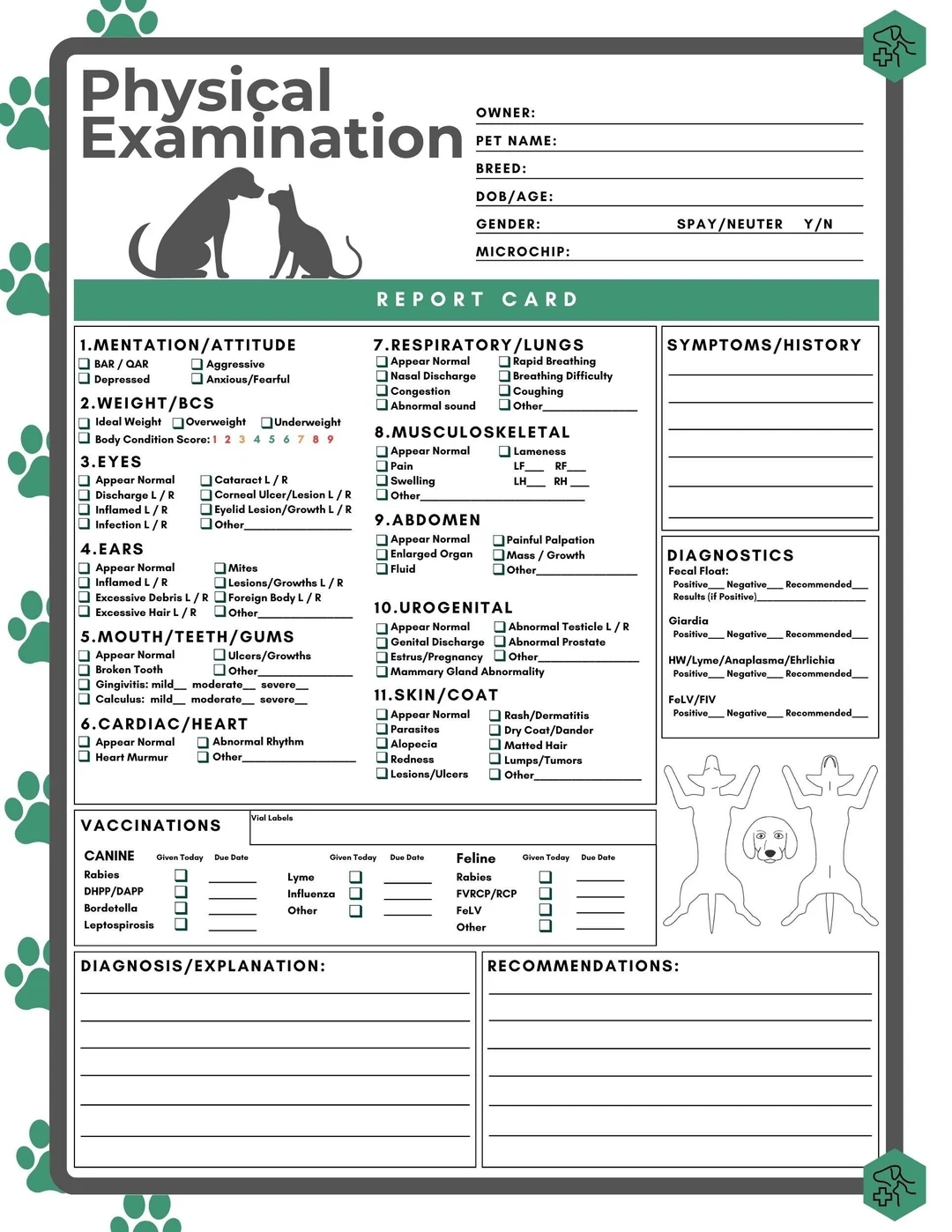 Physical Exam Form Veterinary Hospital Blank Fillable Exam Page Printable PDF Vet Med Clinic Examination Dog Cat Pet Report Card Etsy