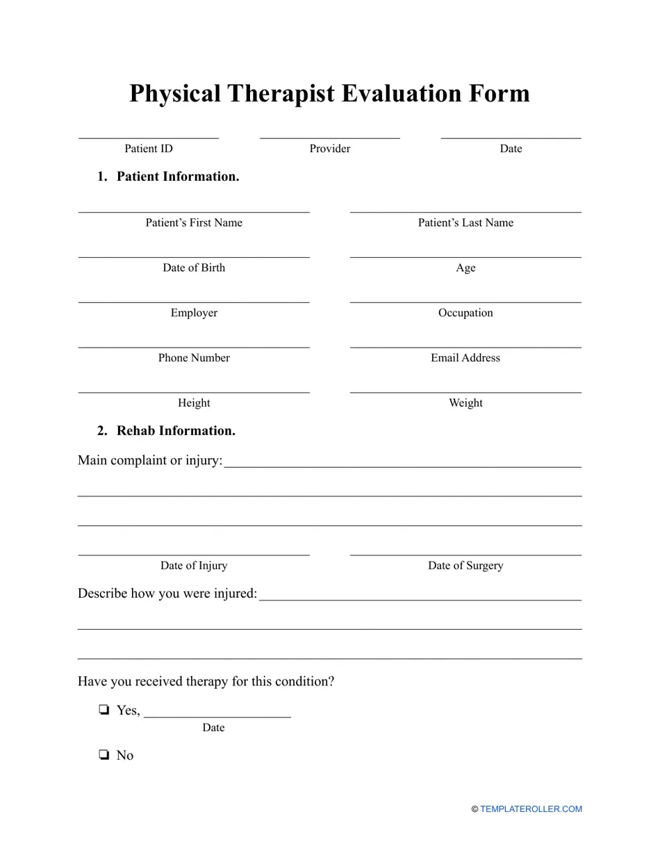 Physical Therapist Evaluation Form Fill Out Sign Online And Download PDF Templateroller