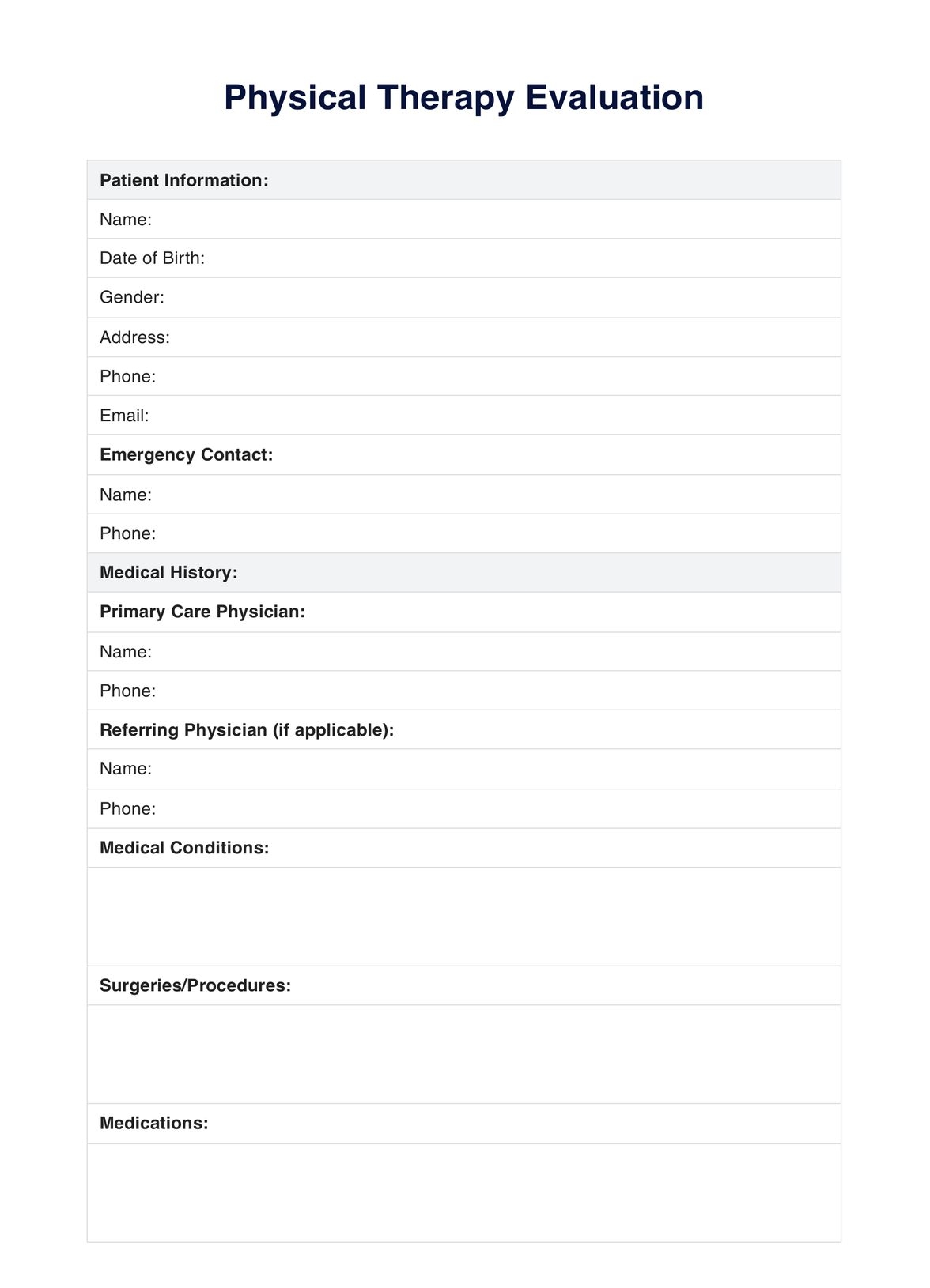 Physical Therapy Evaluation Template Example Free PDF Download