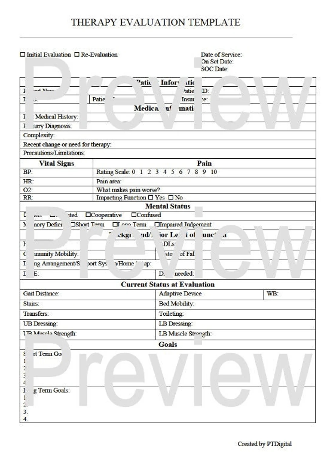 Physical Therapy Evaluation Template Occupational Therapy Evaluation Template Acute Care Subacute Home Care Evaluation Form Etsy