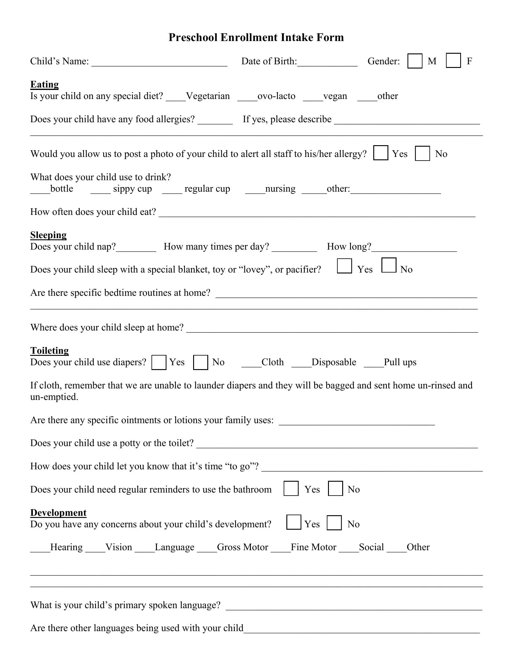 Preschool Enrollment Intake PDF Form FormsPal