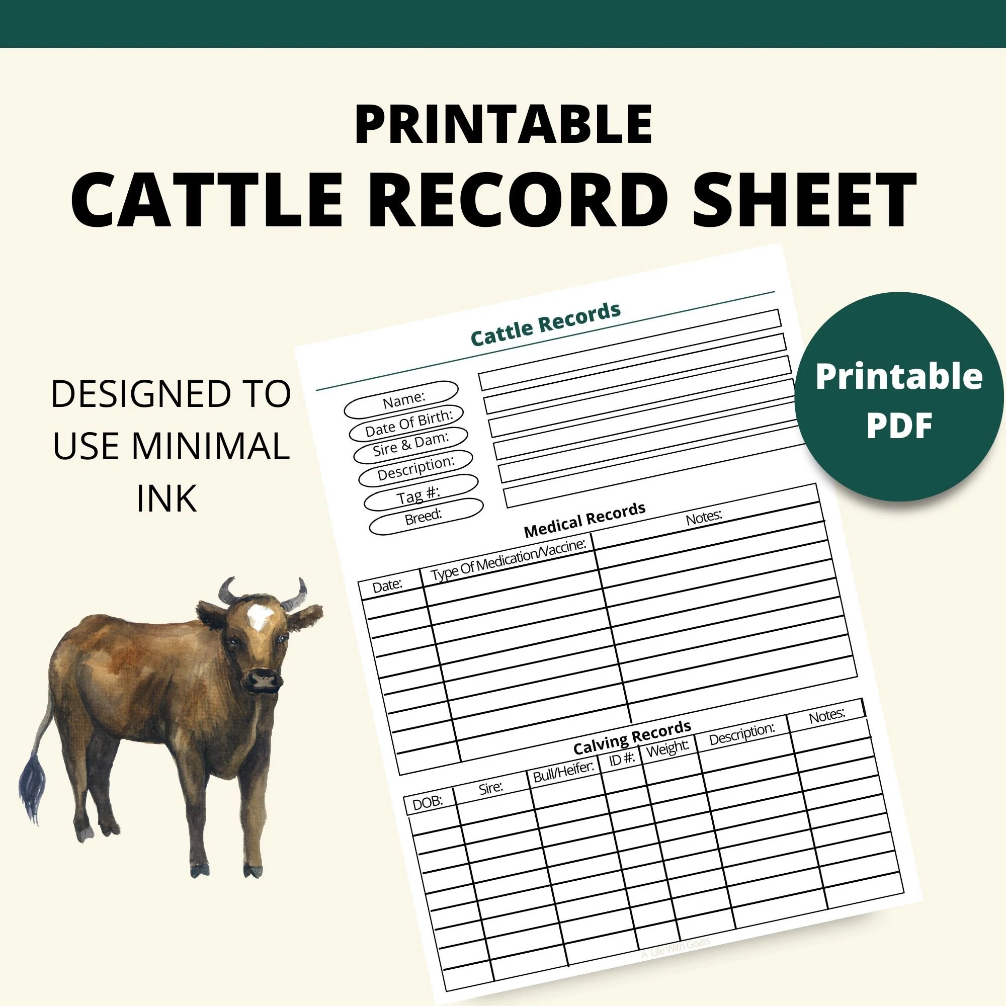 Printable Cattle Records Page Instant Download 8 5x11 PDF Homestead Cattle Care Tracker Sheet Cattle Herd Tracker Minimal Ink Etsy