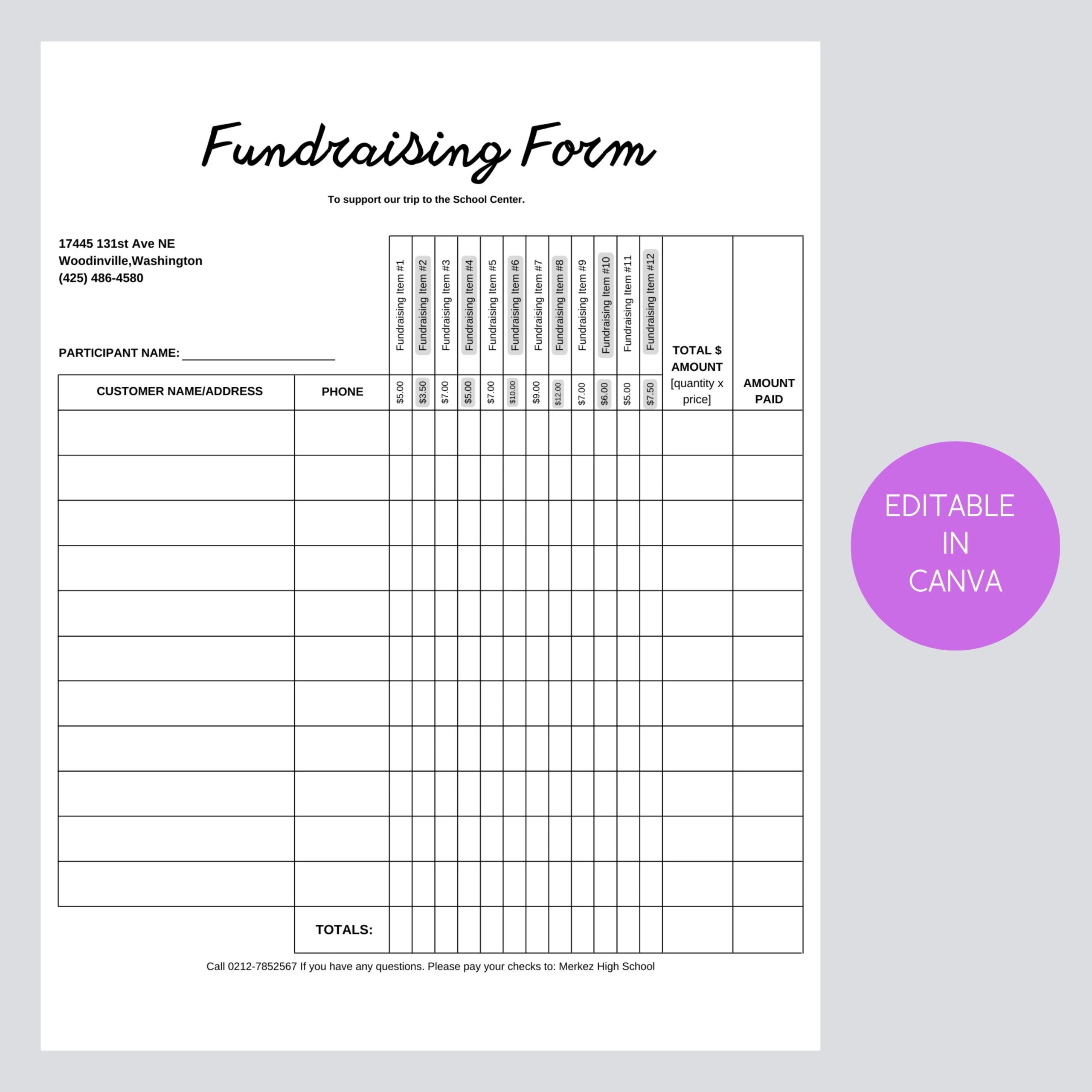 Printable Fundraising Form Order Tracking Page Canva Template 12 Item Columns With Prices 11 Customer Rows custom zable Etsy