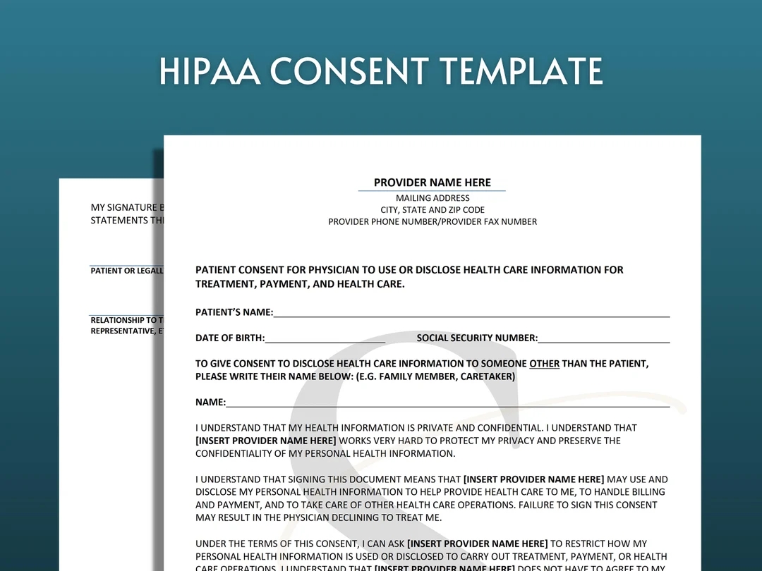 Printable HIPAA Consent Form Template Digital Download Editable 