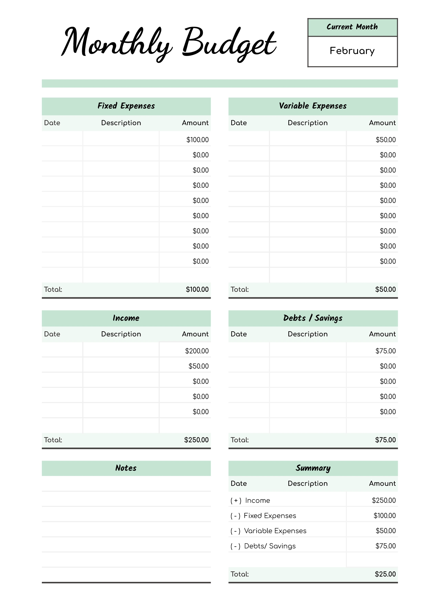 Monthly Budget Forms Free Printable