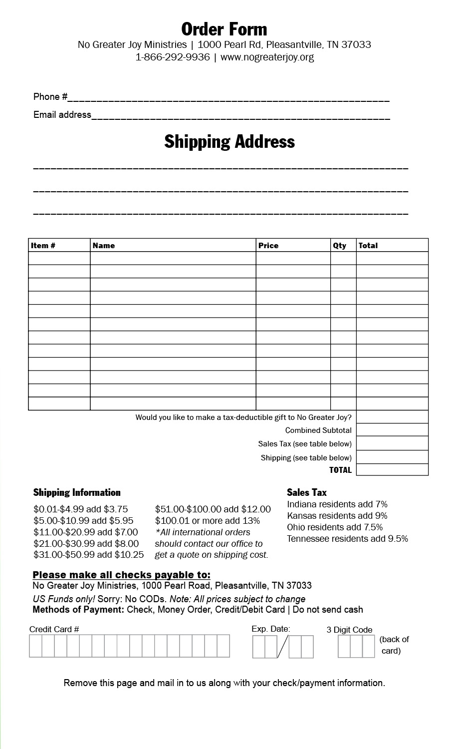 Printable Order Form No Greater Joy Ministries