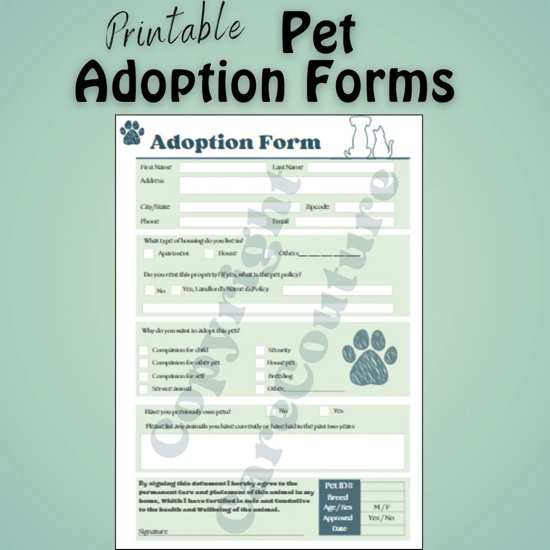 Printable Pet Adoption Form Animal Adoption Printable Download Pet Printable Adoption Downloadable Pet Adoption Rescue Animal Adoption Dog Etsy