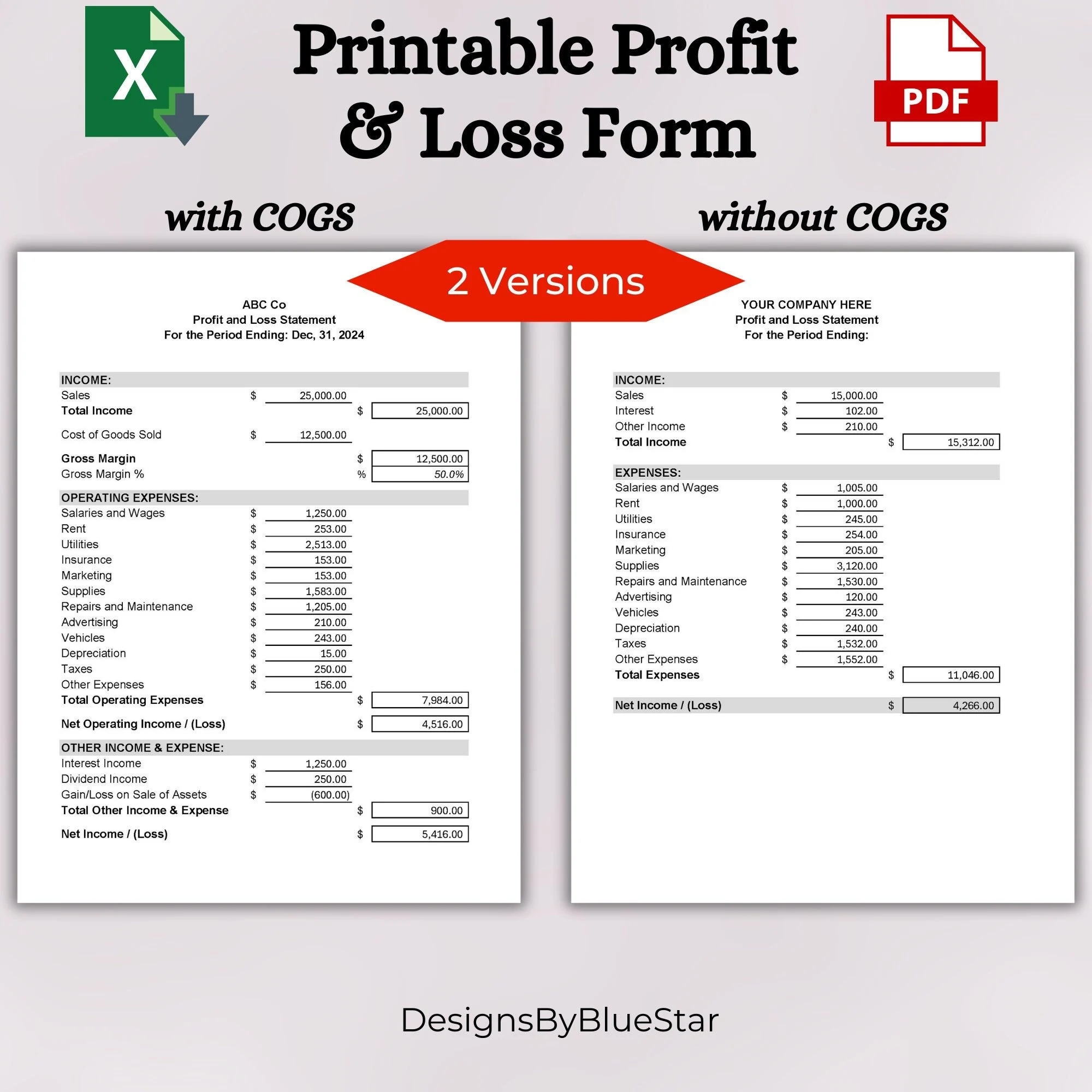 Printable Profit And Loss Form Profit And Loss Statement Template Profit And Loss Template For Small Business Income Statement Form Etsy