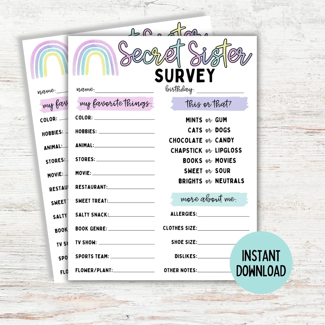 Printable Secret Sister Survey Secret Sister Church Secret Sister Camp Questionnaire YW Secret Sister Girls Gift Exchange Etsy