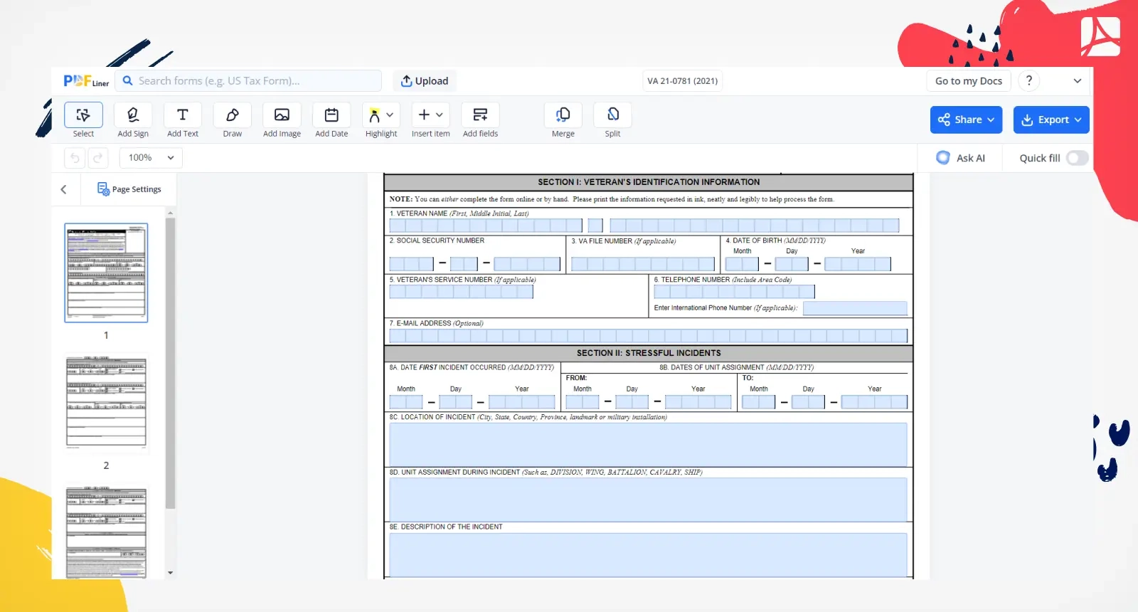 Printable VA 21 0781 2021 Blank Sign Forms Online PDFliner