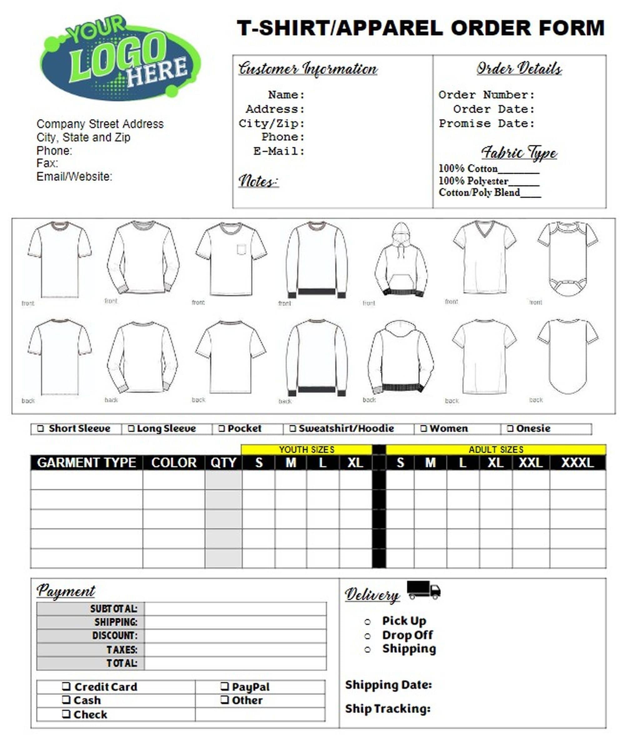 Professional Apparel T shirt Order Form Digital Download Editable Apparel T shirt Order Template Microsoft Word General Apparel Order Form Etsy