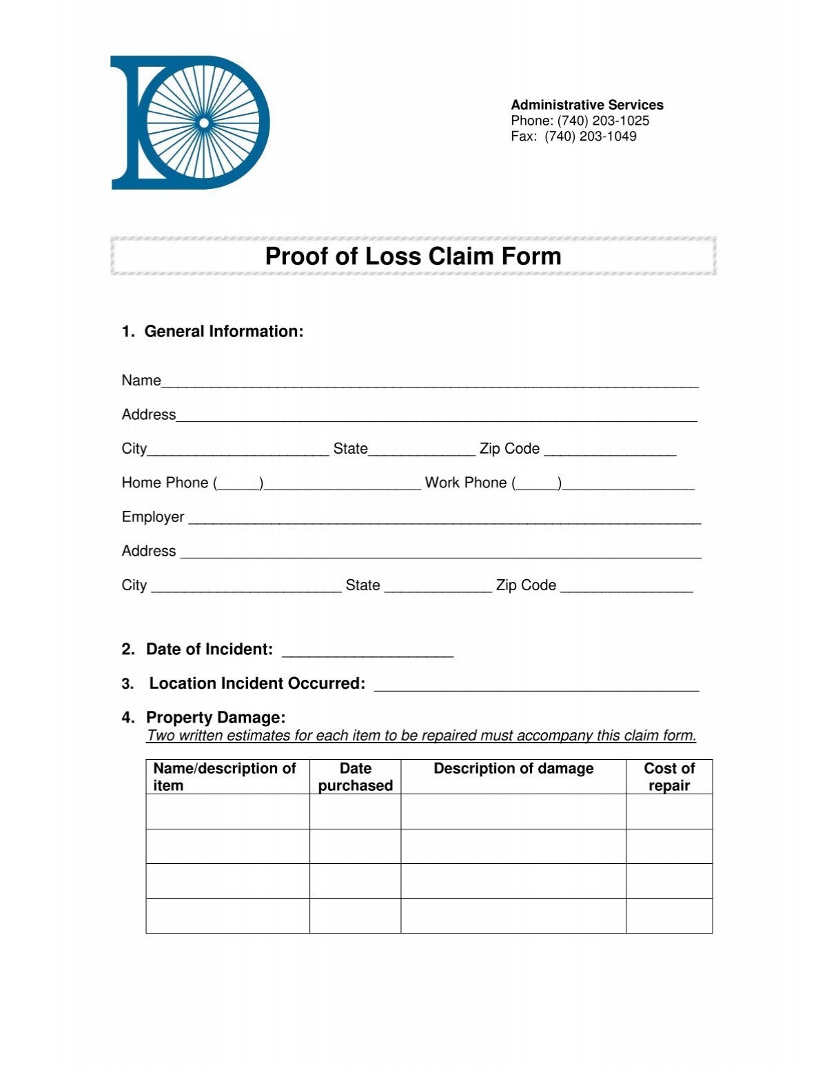 Proof Of Loss Claim Form PDF City Of Delaware