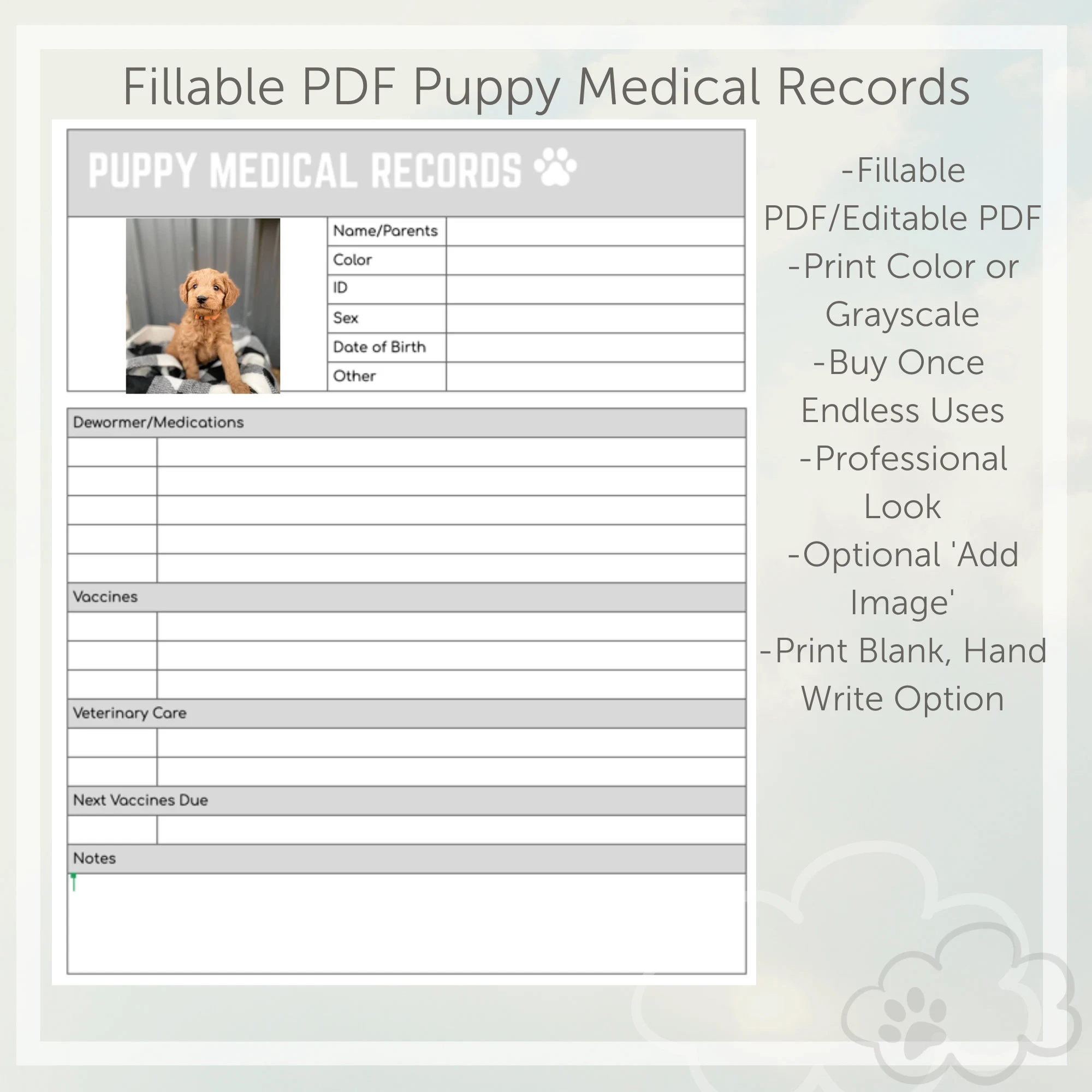 Puppy Medical Records Forms Fillable PDF Grey Etsy
