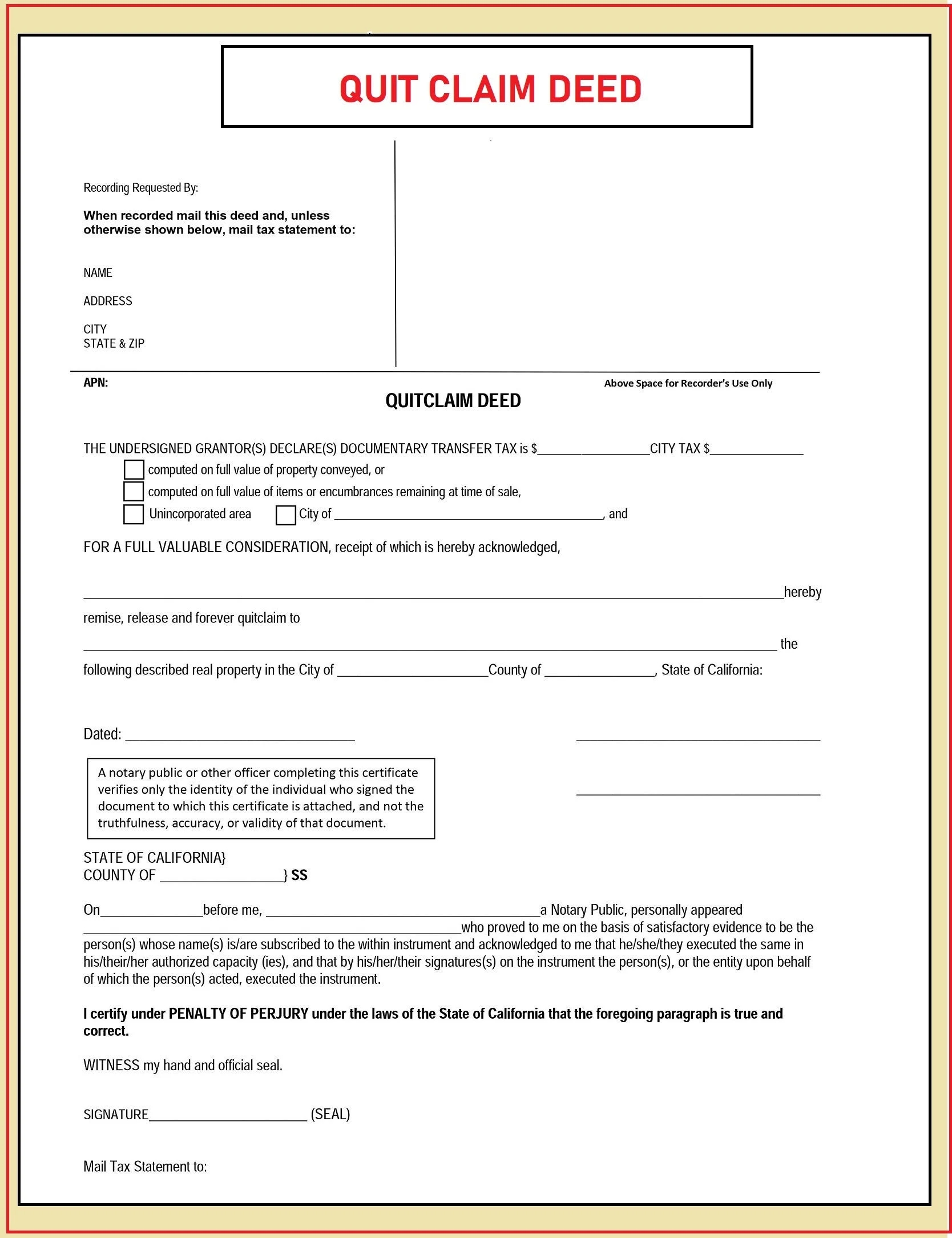 Quit Claim Deed Quit Claim Deed Form Property Transfer Document Fillable PDF File Instant Download Etsy