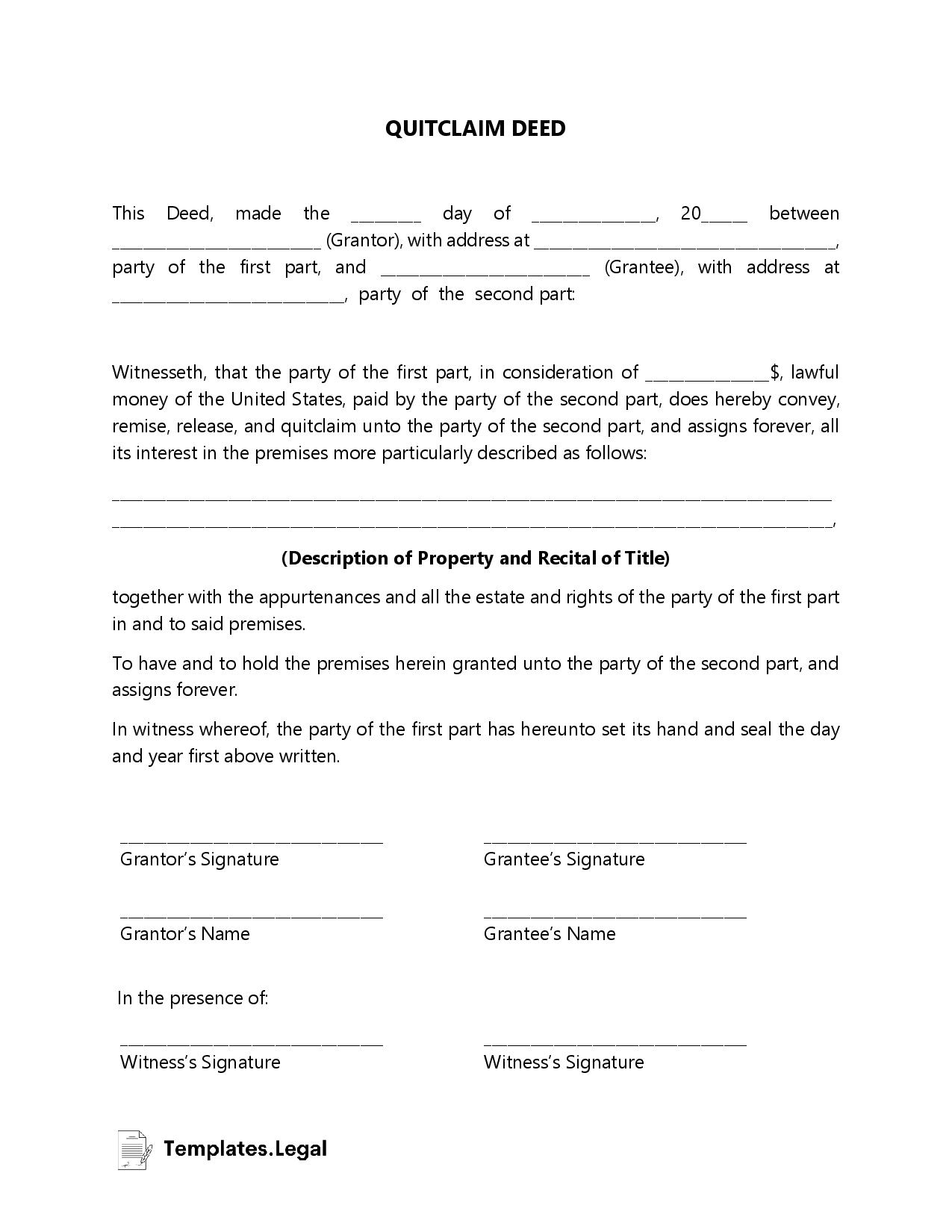 Free Printable Quit Claim Deed Form