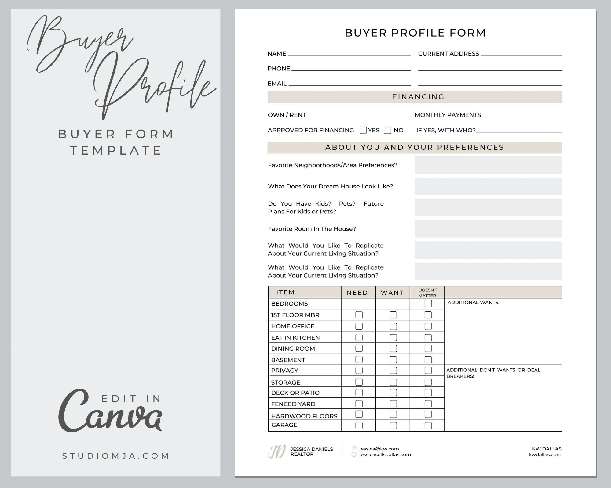 Real Estate Agent Template Buyer Profile Questionnaire Form Template Canva Template Realtor Digital Download Template Buyer Form Etsy