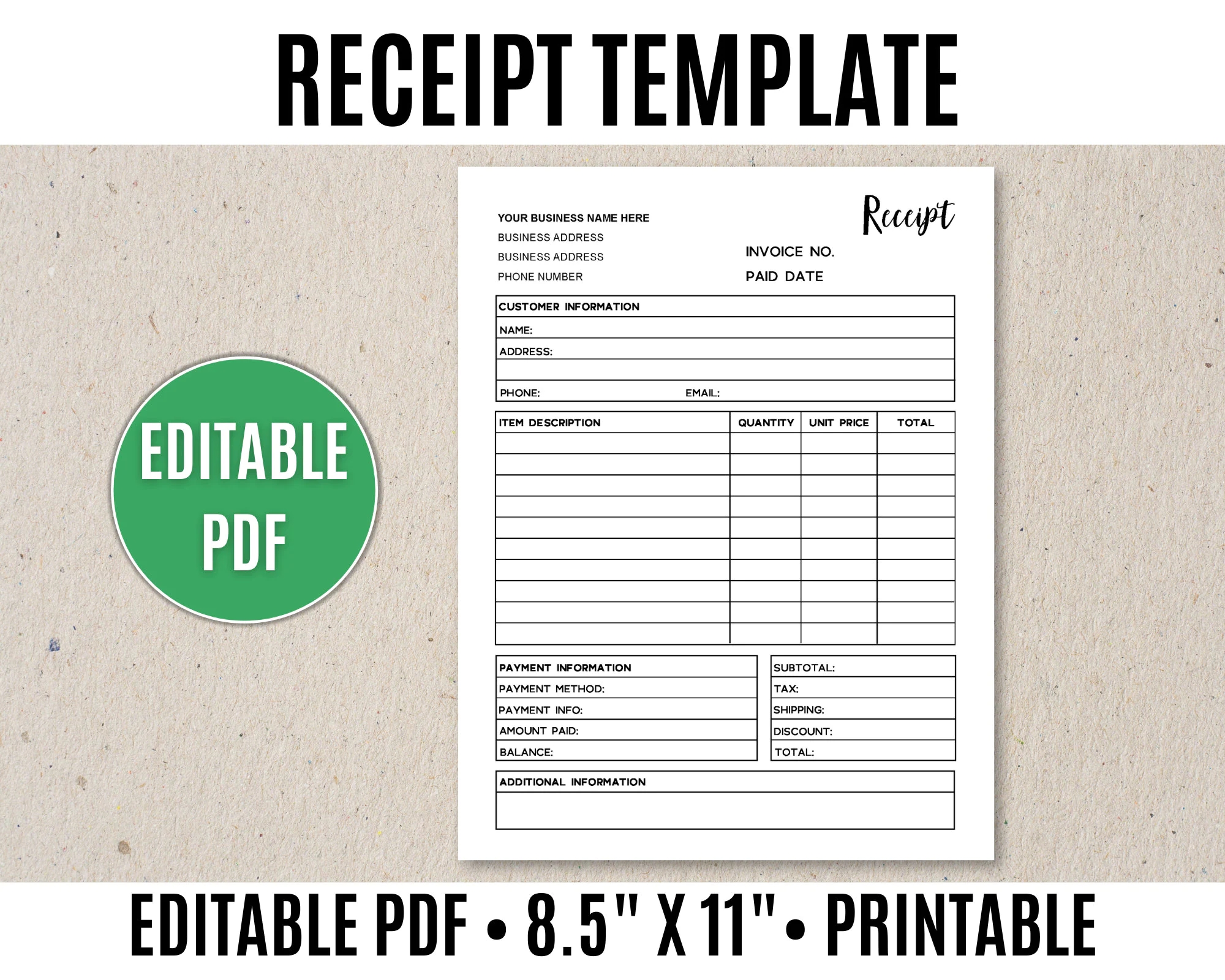 Receipt Template Editable Printable Order Receipt Editable PDF Etsy