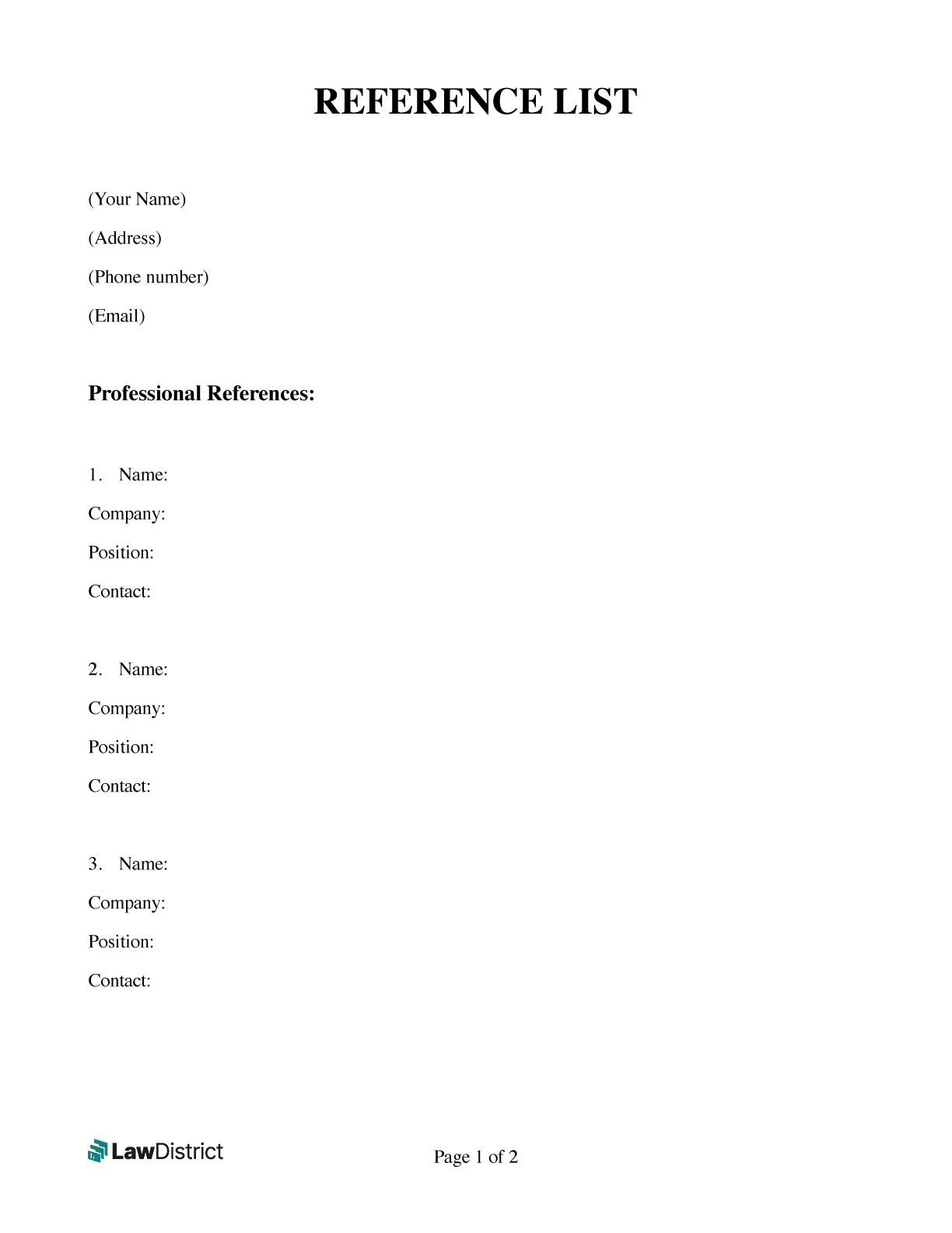 Reference List Template Printable Word PDF LawDistrict