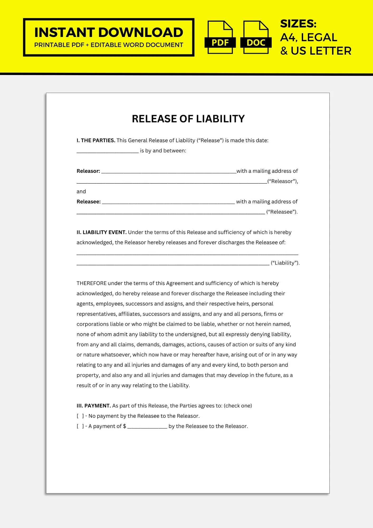 Release Of Liability Release Of Liability Form General Etsy