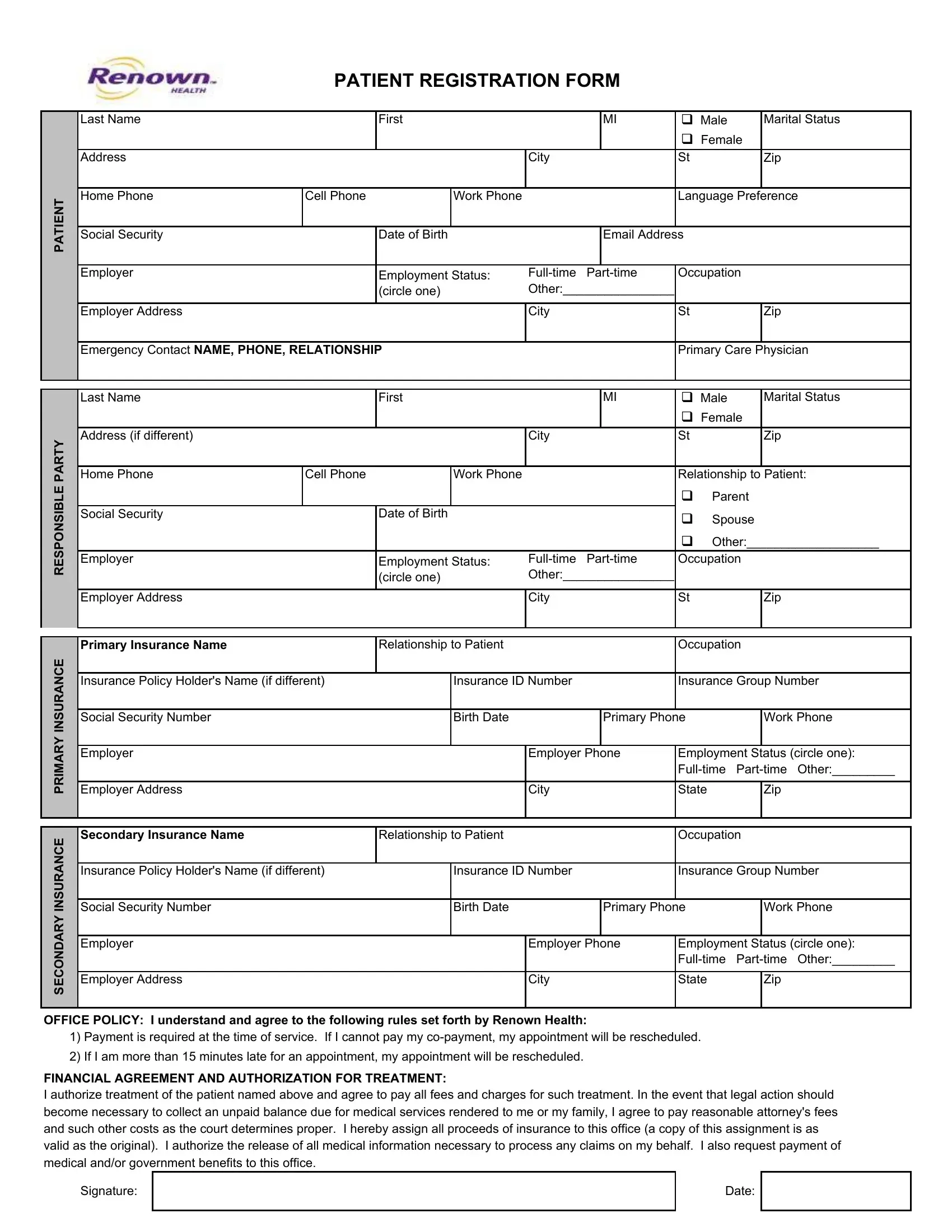 Renown Patient Registration PDF Form FormsPal