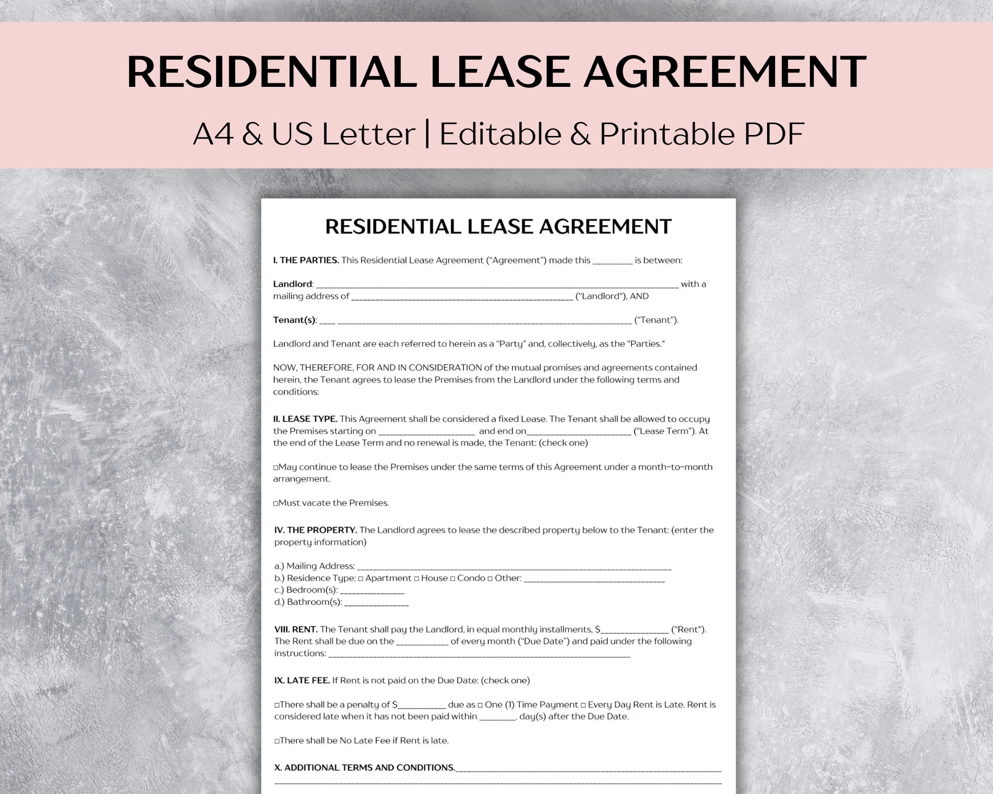 Residential Lease Agreement Template Printable Rental Agreement PDF Landlord Forms Tenant Landlord Contract Editable Rental Application Etsy