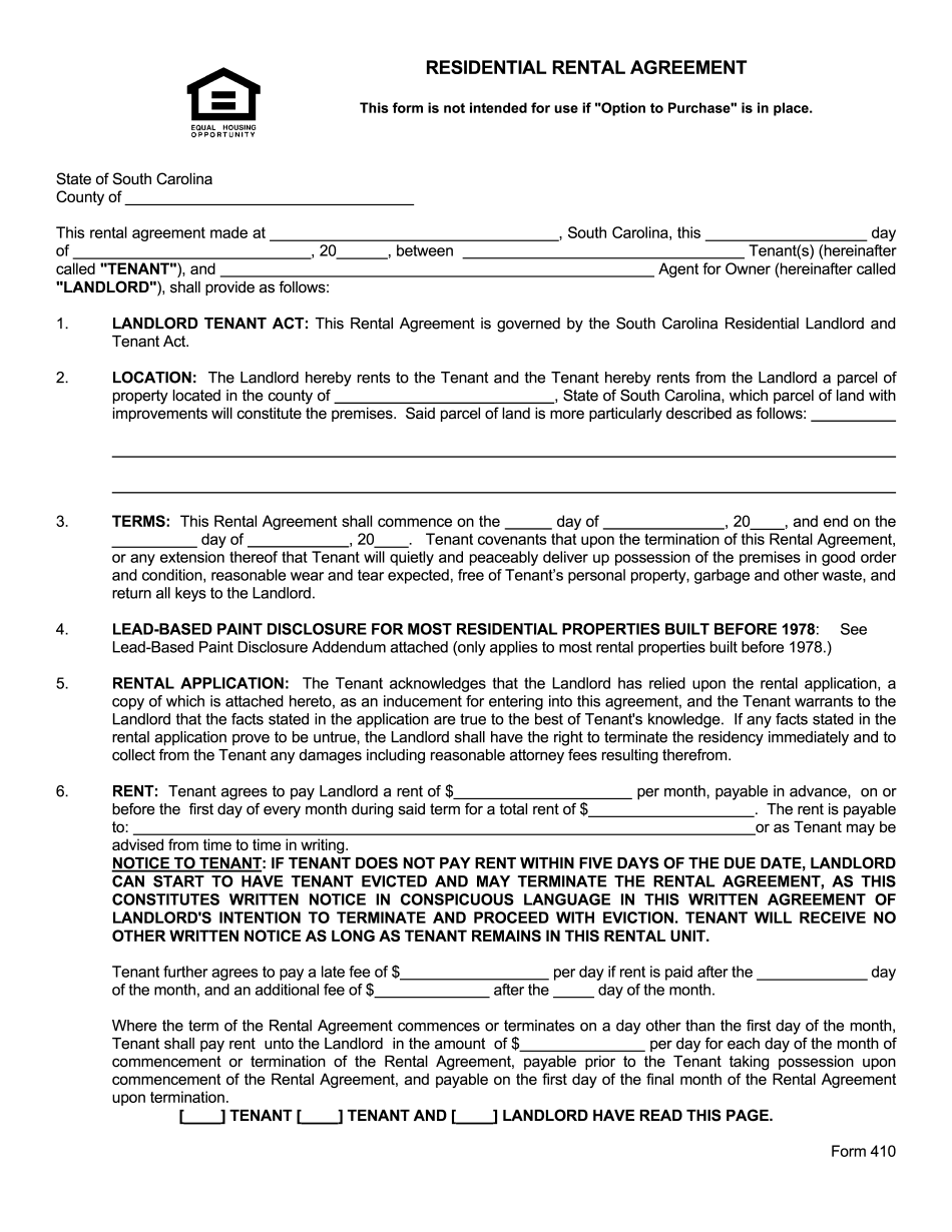 Residential Rental Agreement Form 410 Printable Blank PDF Online