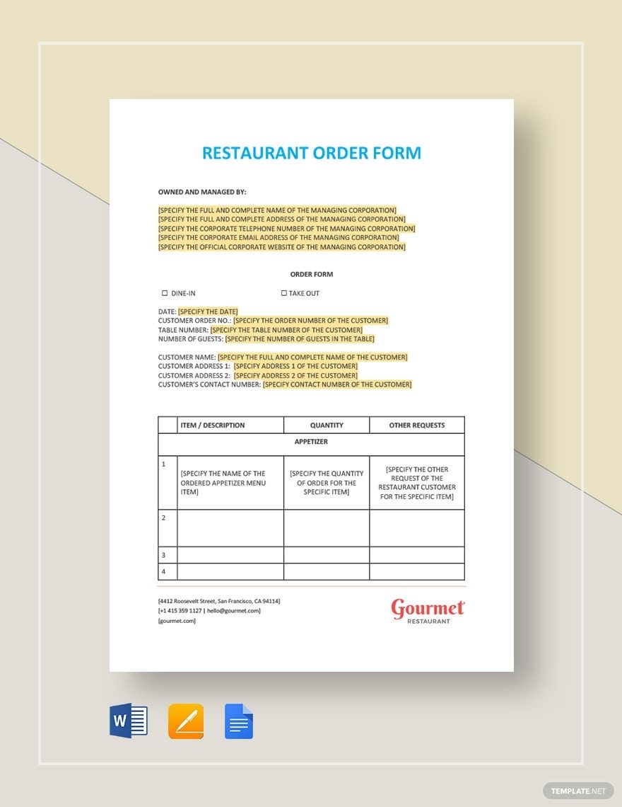 Restaurant Order Form Template In Pages Word Google Docs Download Template