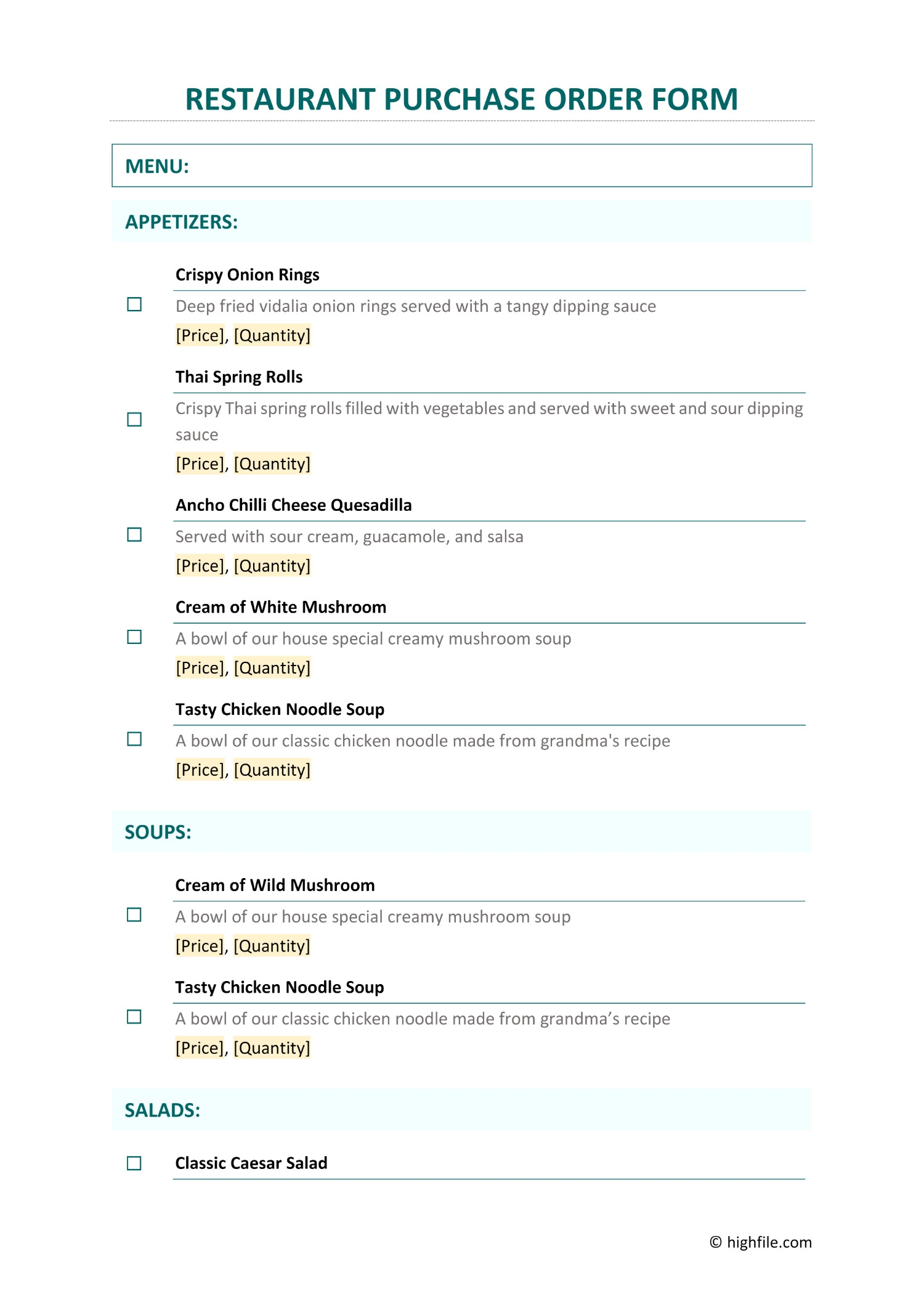 Restaurant Purchase Order Form Template Word PDF Google Docs Highfile