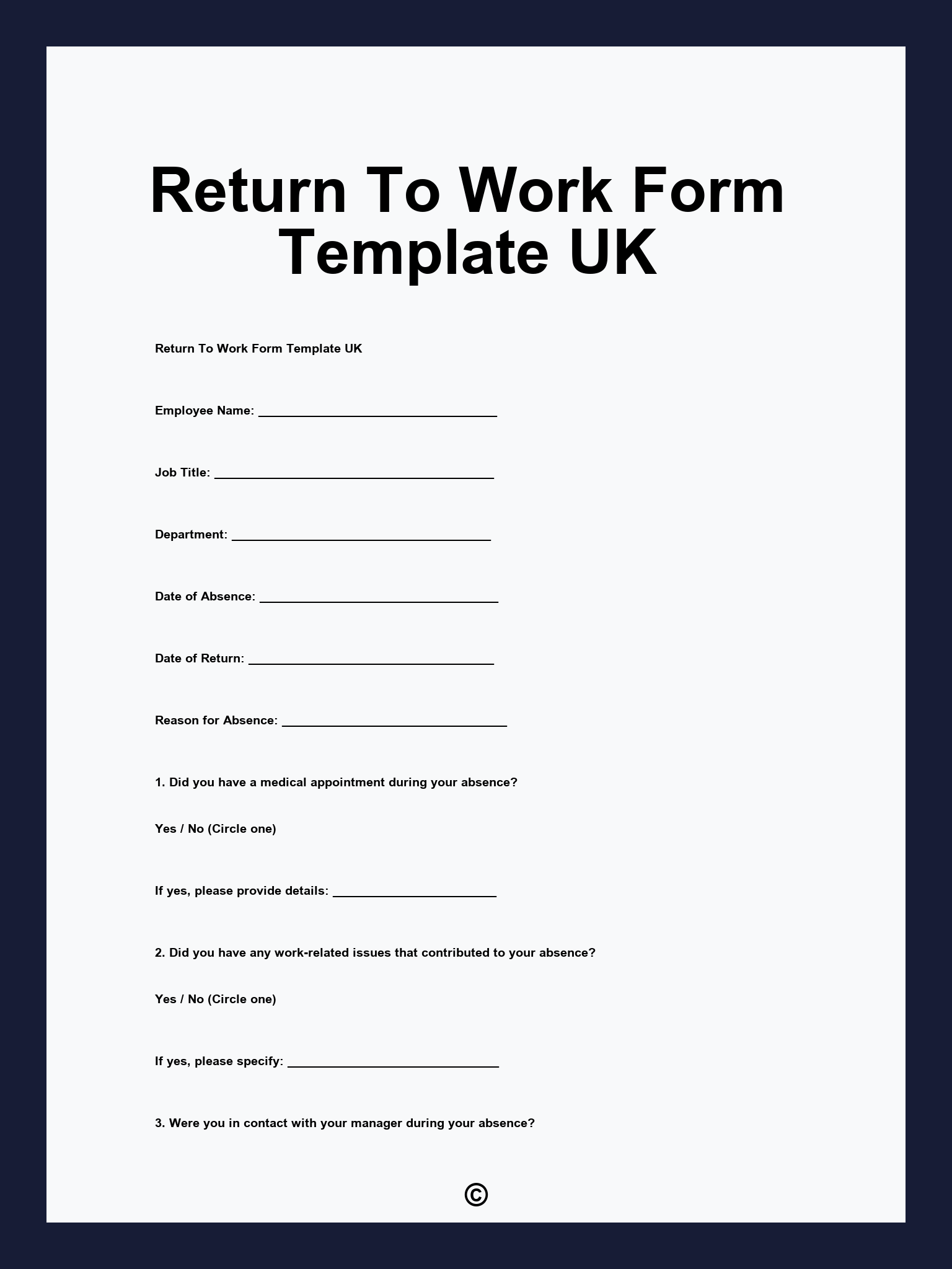 Printable Return To Work Form