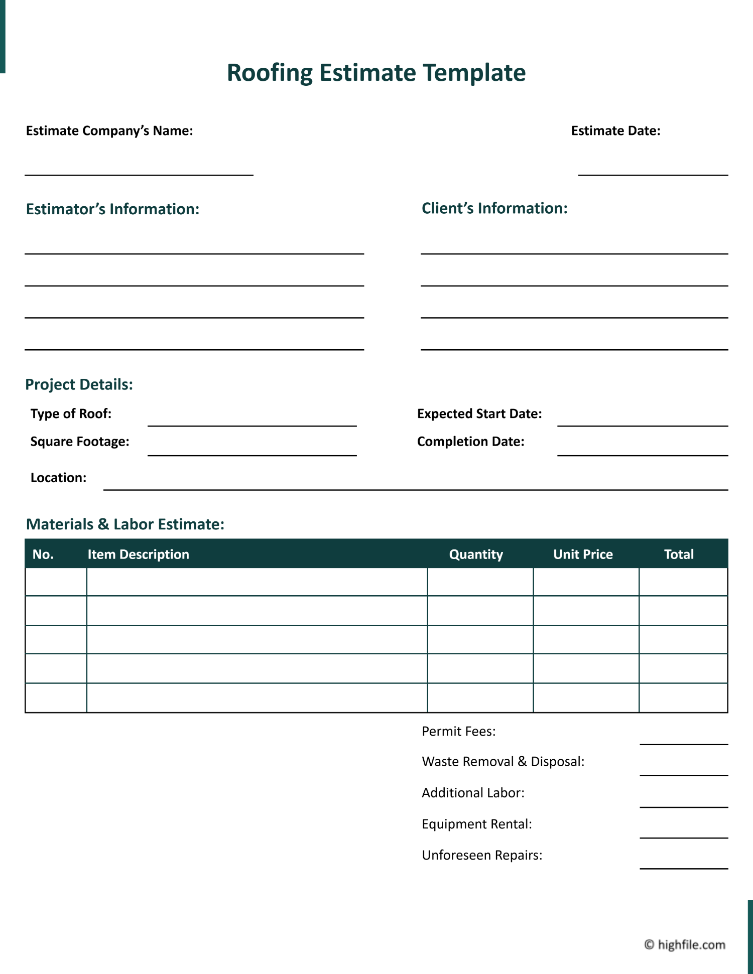 Roofing Estimate Template Word Google Docs Highfile