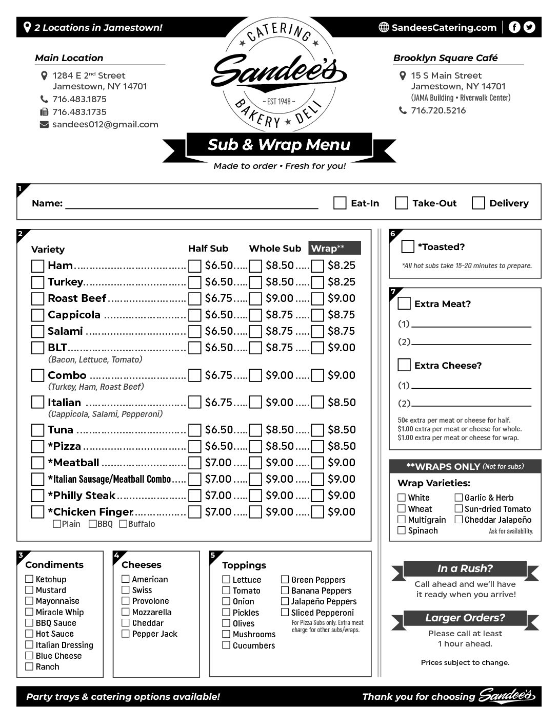 Sandees Sub Menu 011319 d Sandee s Catering Bakery Deli