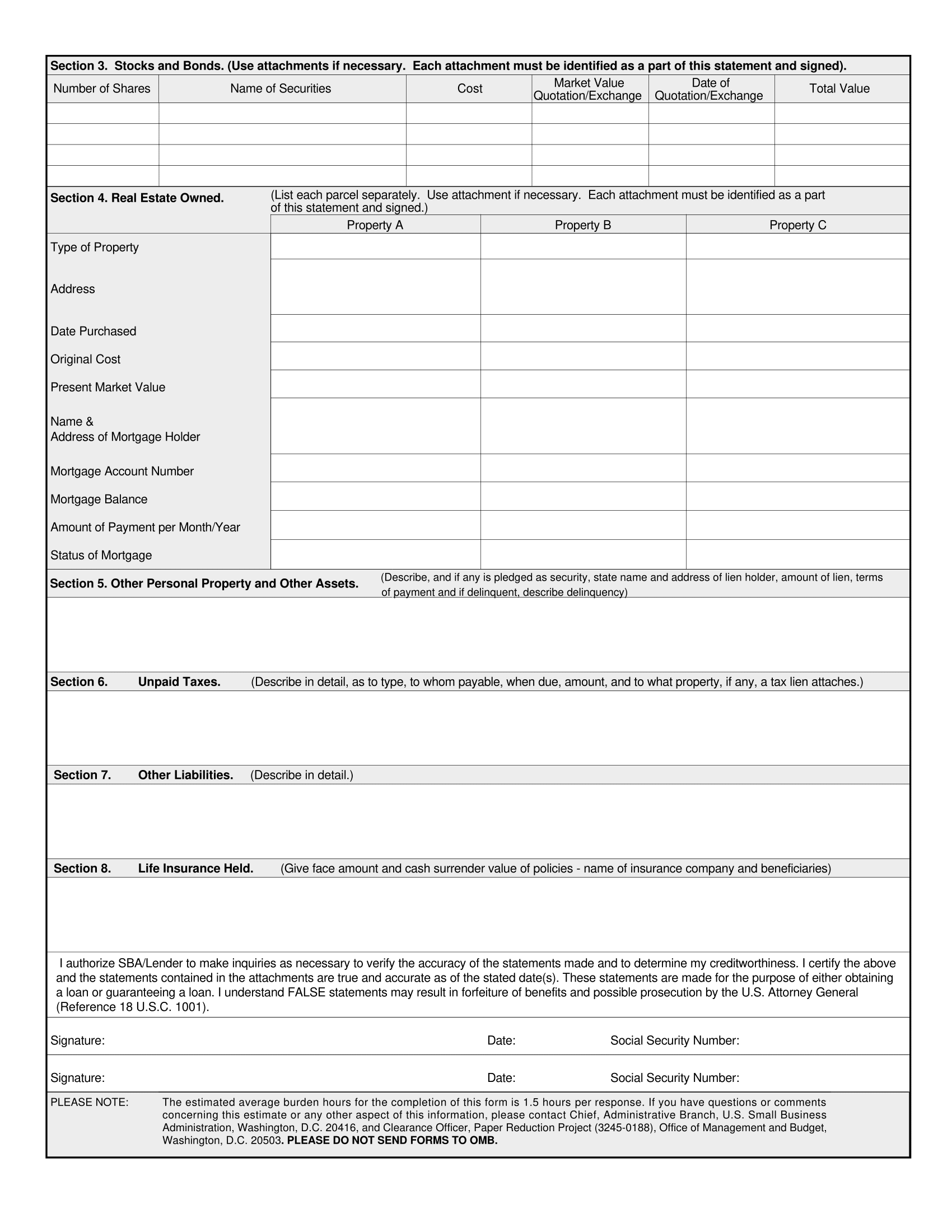 SBA 413 Personal Financial Statement Business Brokers IBA Business Brokerage
