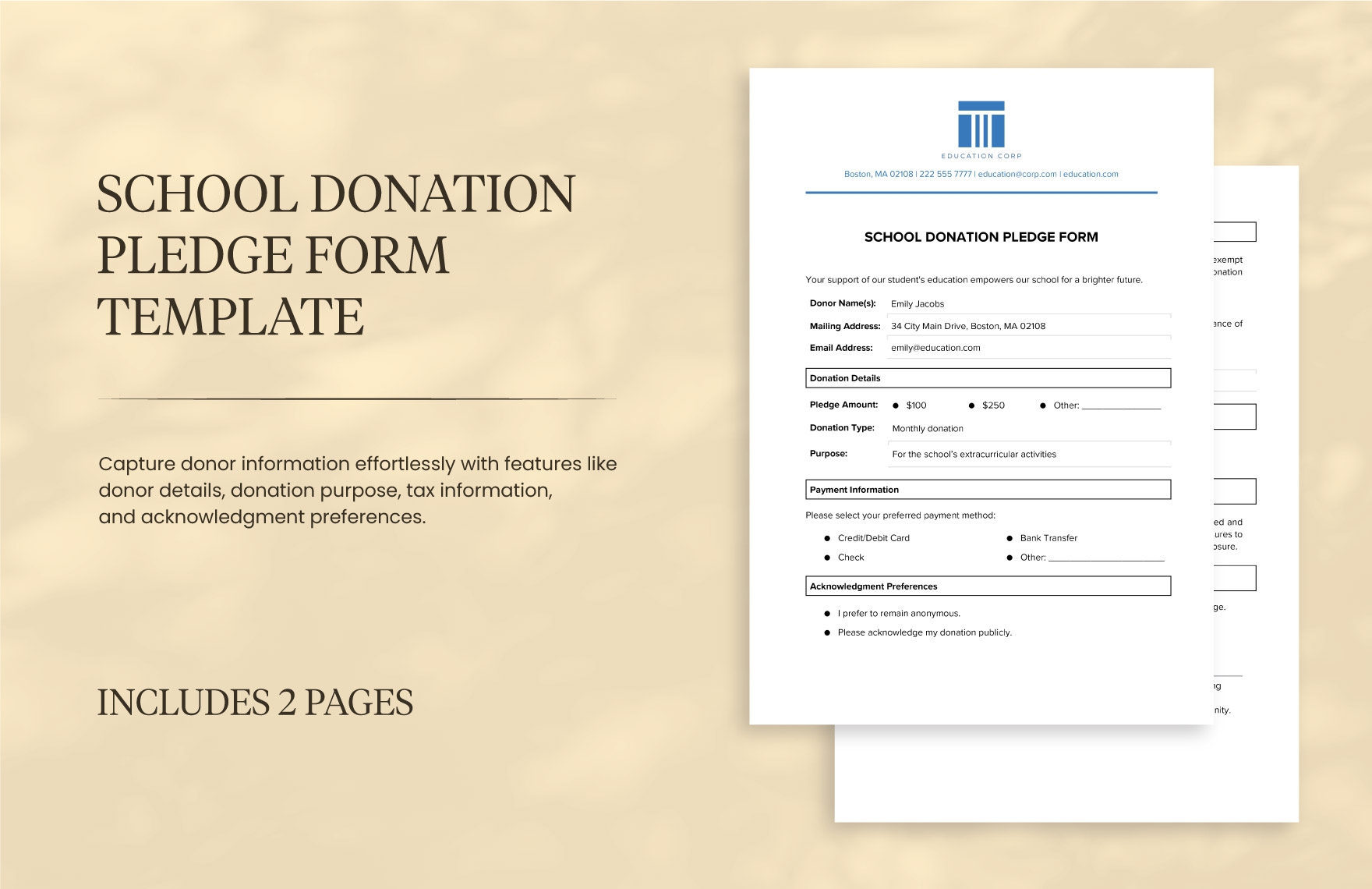 School Donation Pledge Form Template In Word PDF Google Docs Download Template
