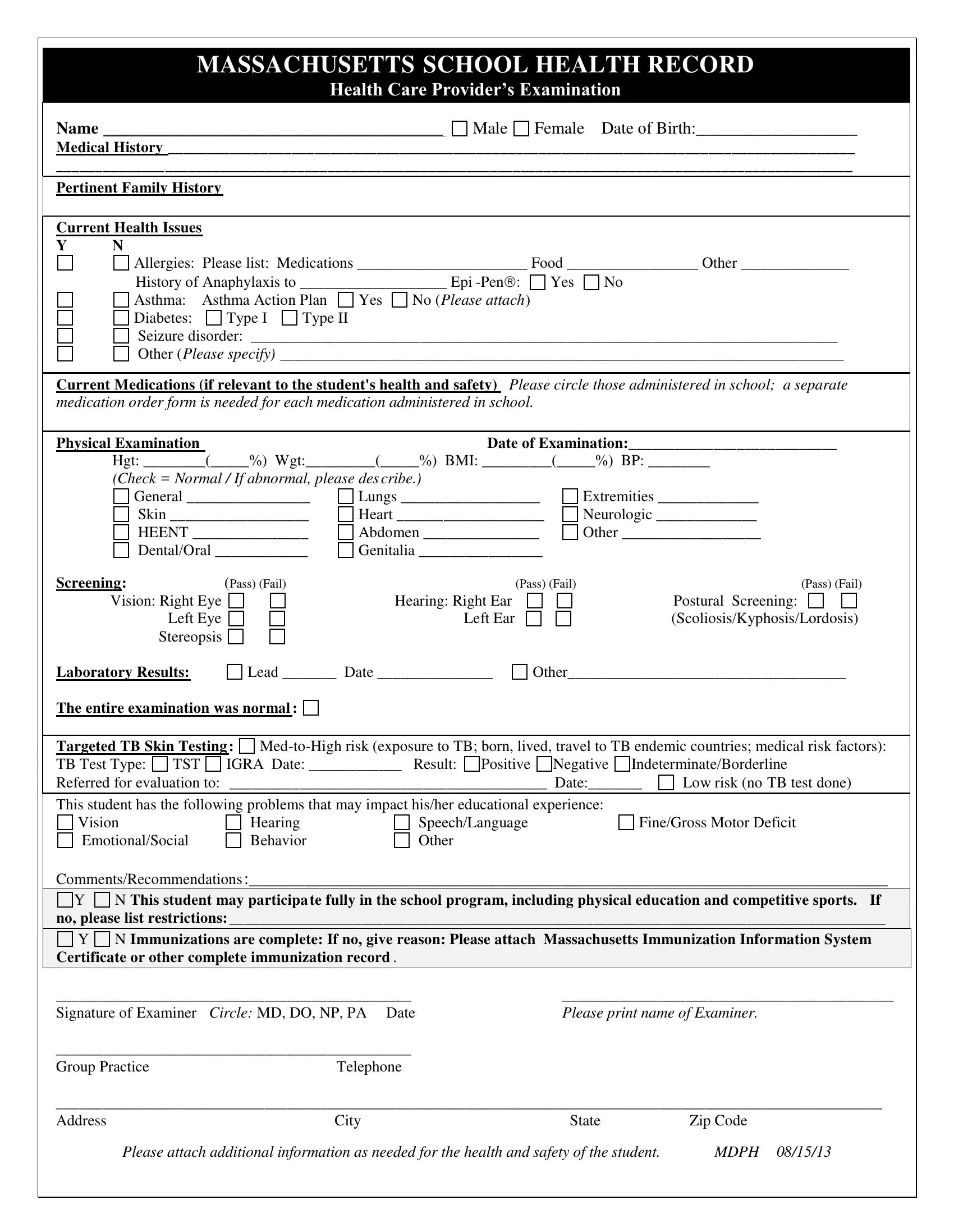 School Health Record Form Fill Out Printable PDF Forms Online