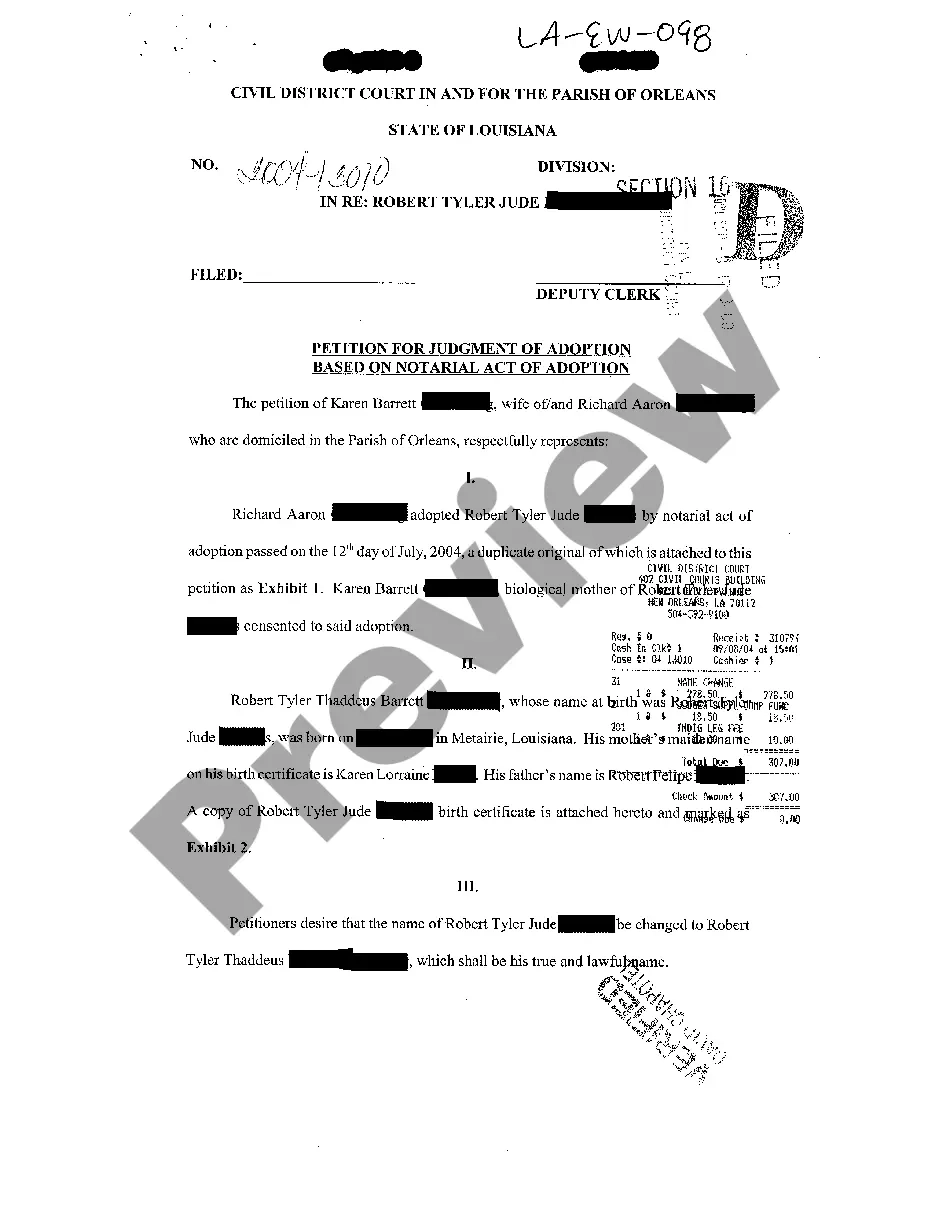 Shreveport Louisiana Petition For Judgment Of Adoption Based On Notarial Act Of Adoption US Legal Forms