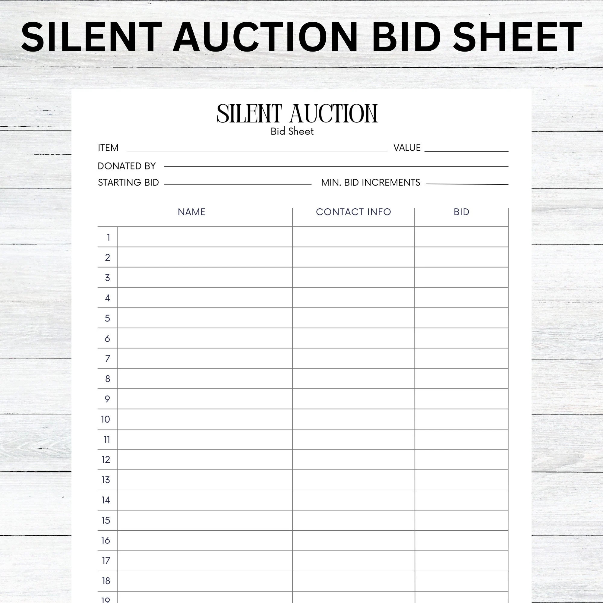 Silent Auction Bid Sheet Silent Auction Sign Up Sheet Fundraiser Sheet Silent Auction Template Bidding Sheet Printable Sign Up Sheet Etsy