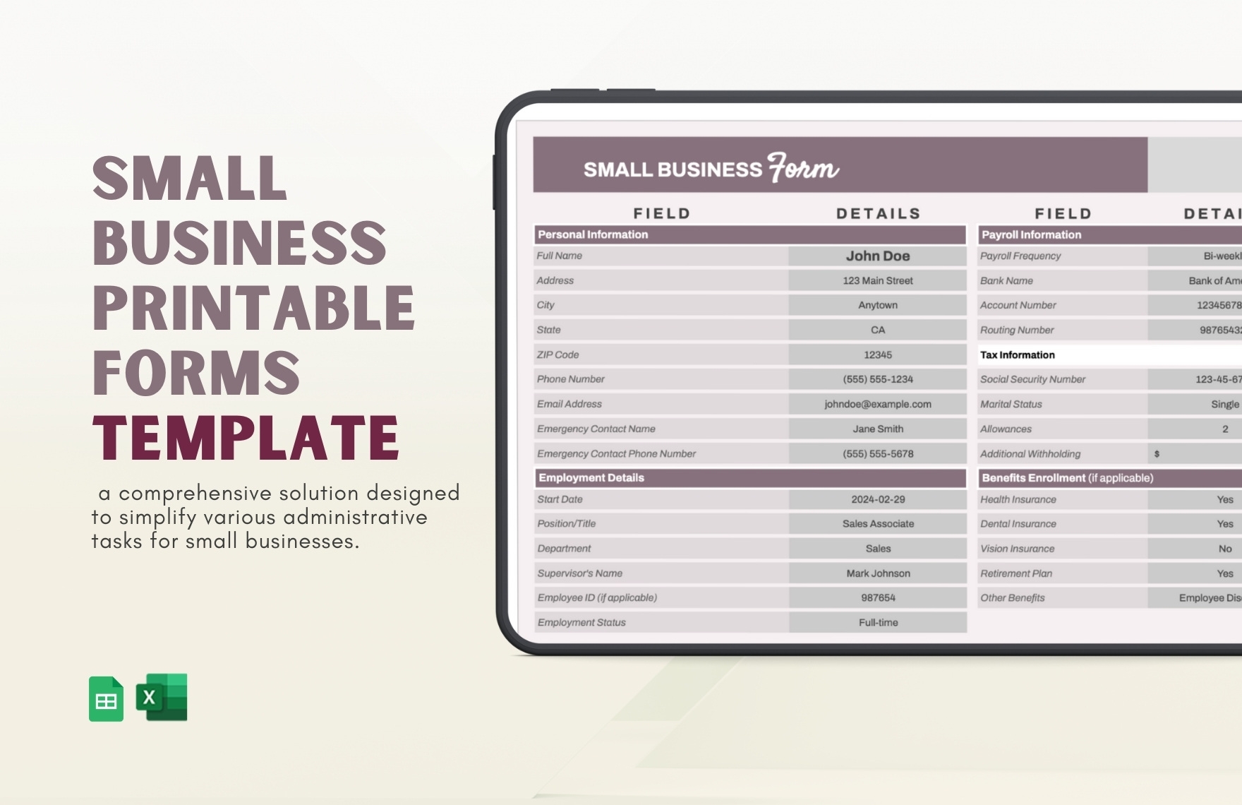 Small Business Printable Forms Template In Excel Google Sheets Download Template