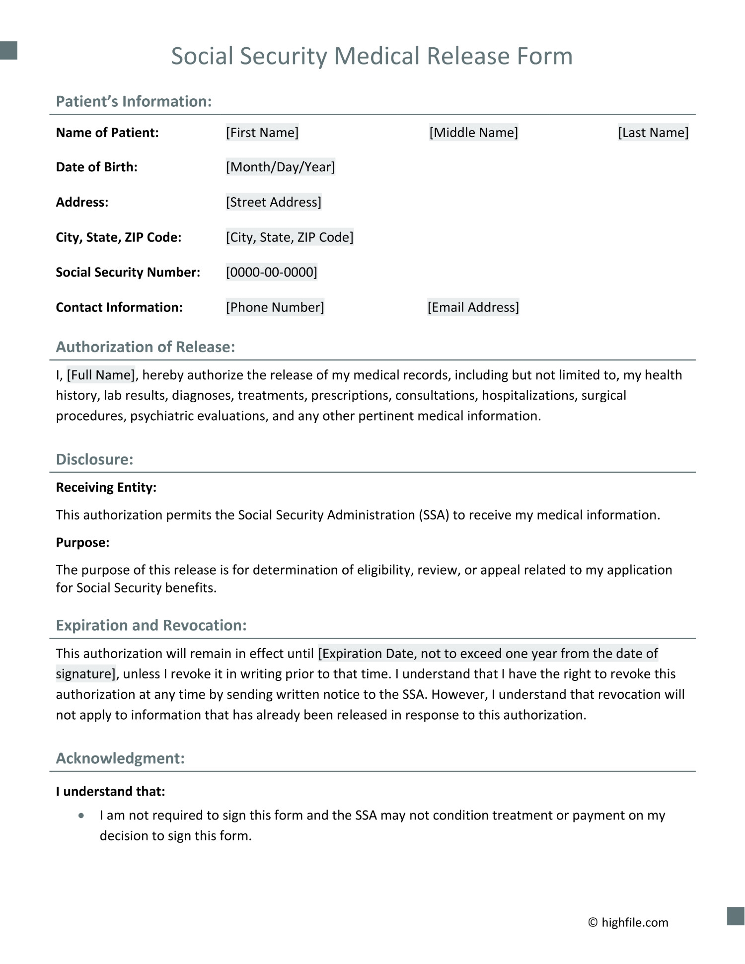 Social Security Medical Release Form Word PDF Docs Highfile