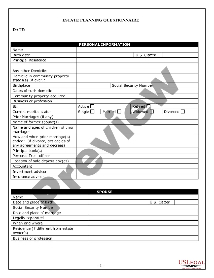 South Carolina Estate Planning Questionnaire US Legal Forms