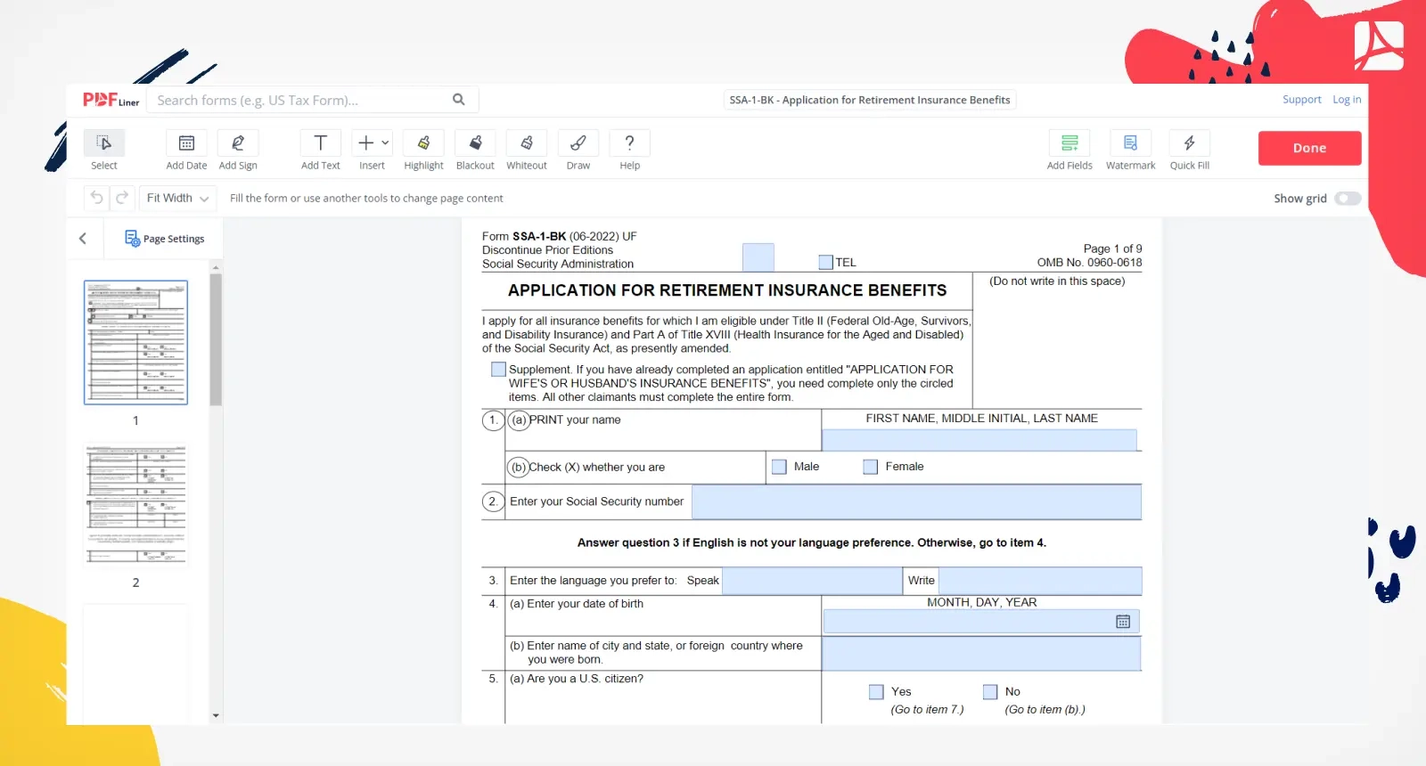 SSA 1 BK Application For Retirement Insurance Benefits PDFliner
